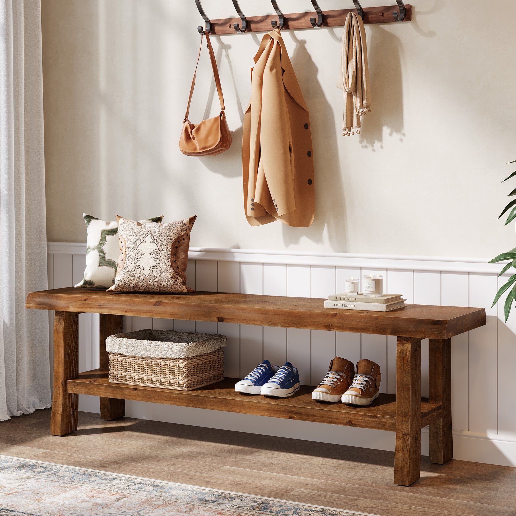 Tribesigns 55-Inch Solid Wood Shoe Storage Bench, Entryway Bench with Lower Shelf for Hallway