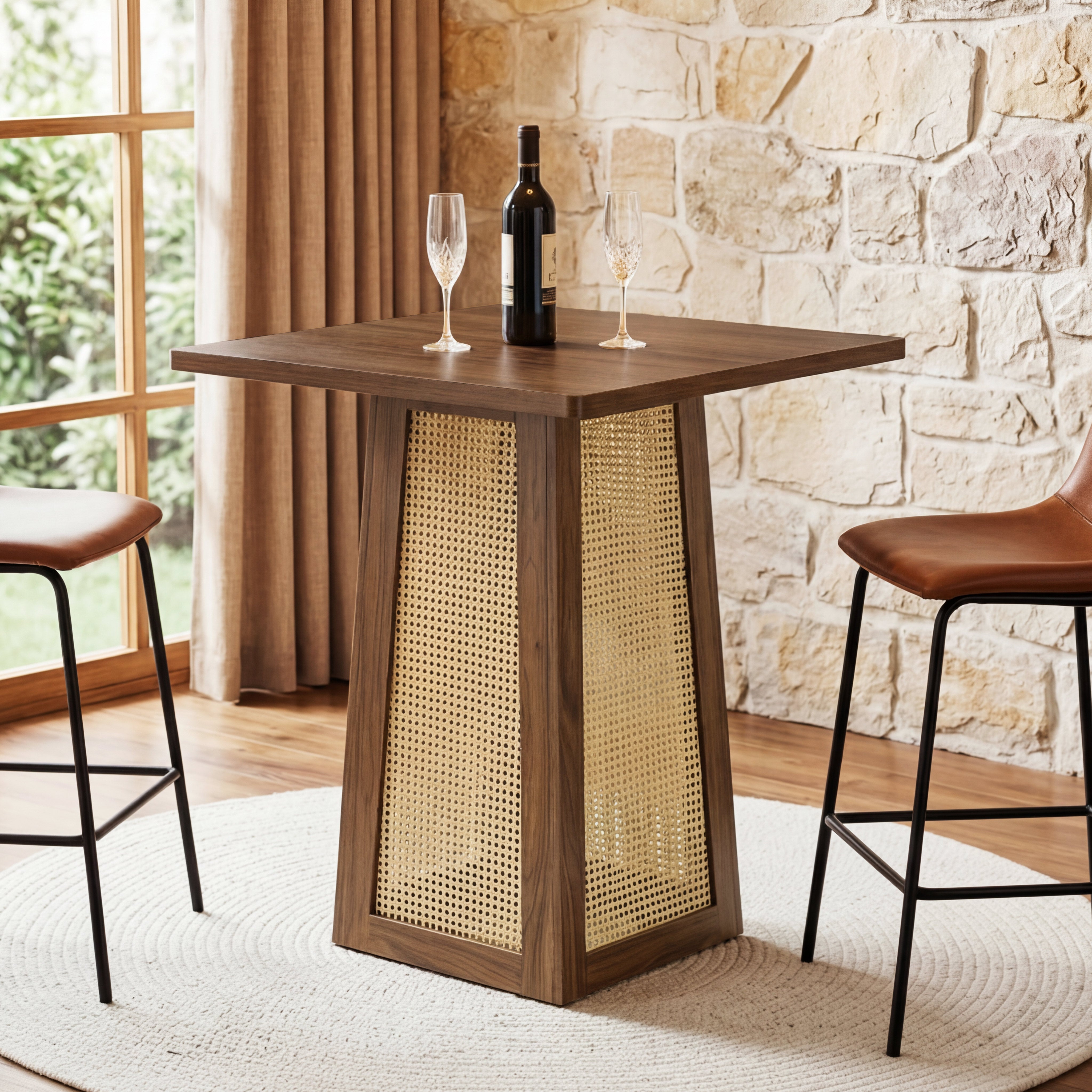 31.5-Inch Square Bar Table, Counter Height Pub Table with Rattan Pedestal Base for Home Bar Kitchen and Small Spaces