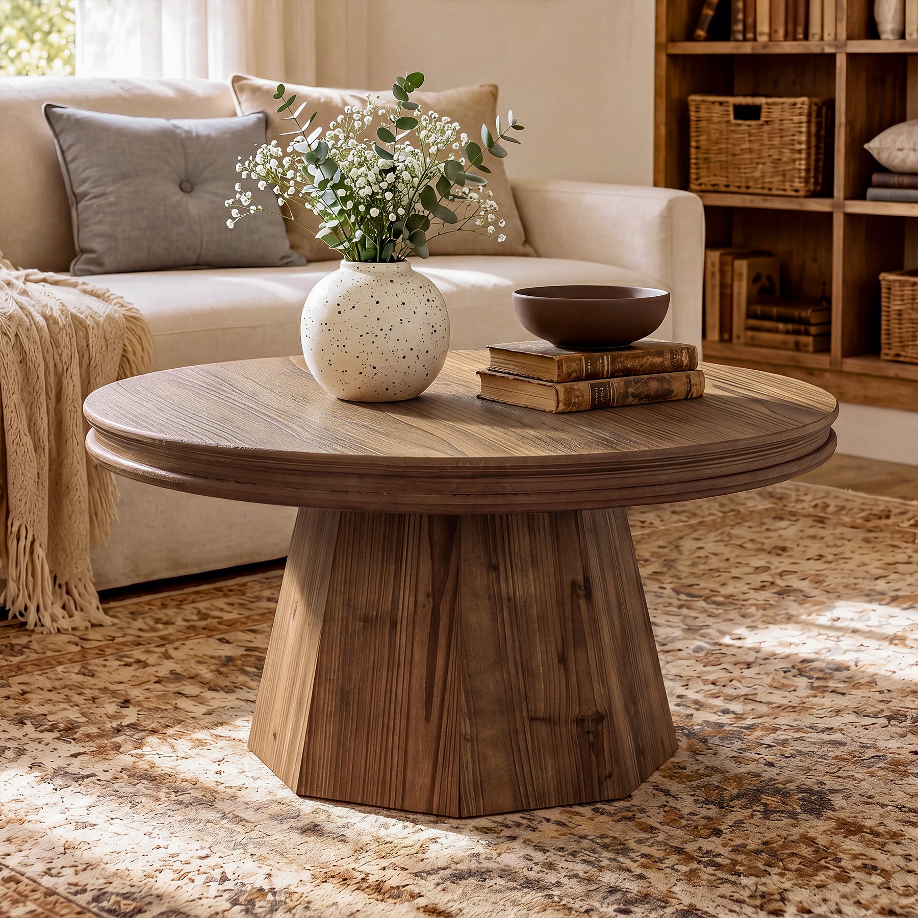 Tribesigns 31.5" Solid Wood Round Coffee Table with Thick Top, Rustic Farmhouse Living Room