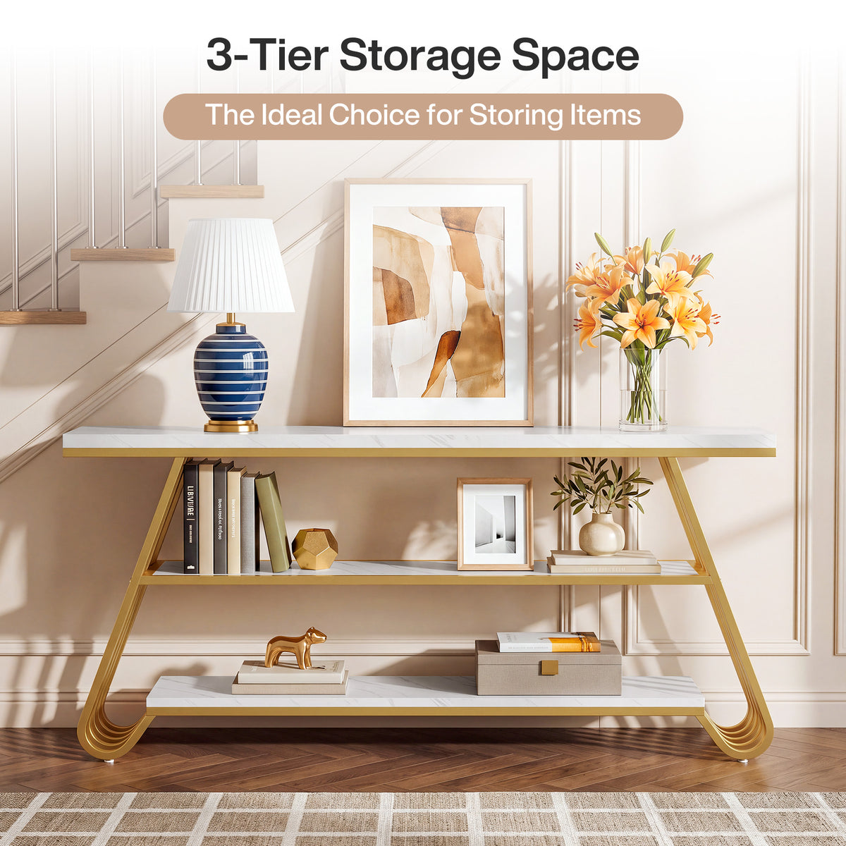 Tribesigns 70.9-Inch Faux Marble Console Table with Storage, Gold Sofa Table for Living Room