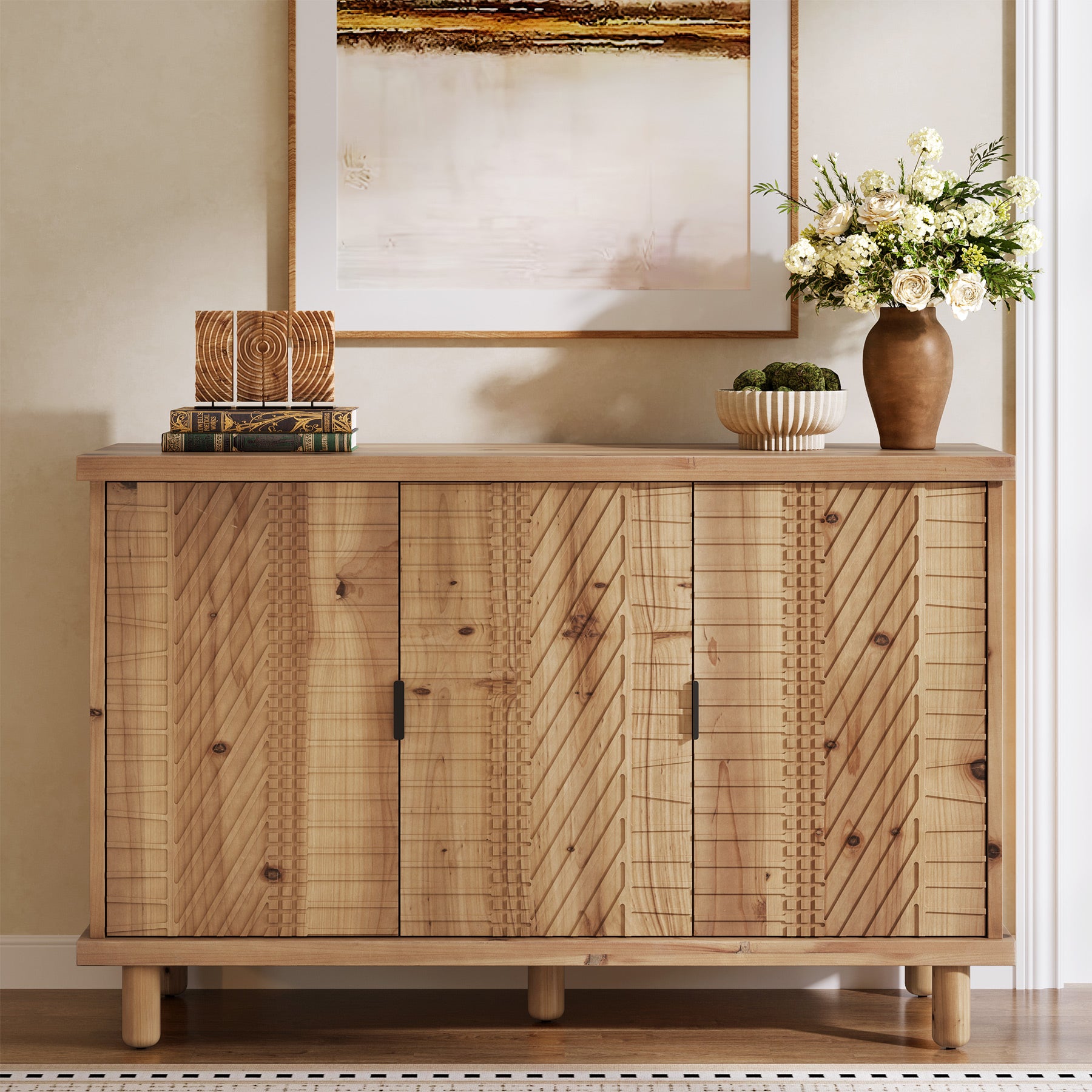 Tribesigns 47.6-Inch Farmhouse Sideboard Cabinet with 3 Doors, Solid Wood Buffet Cabinet for Kitchen