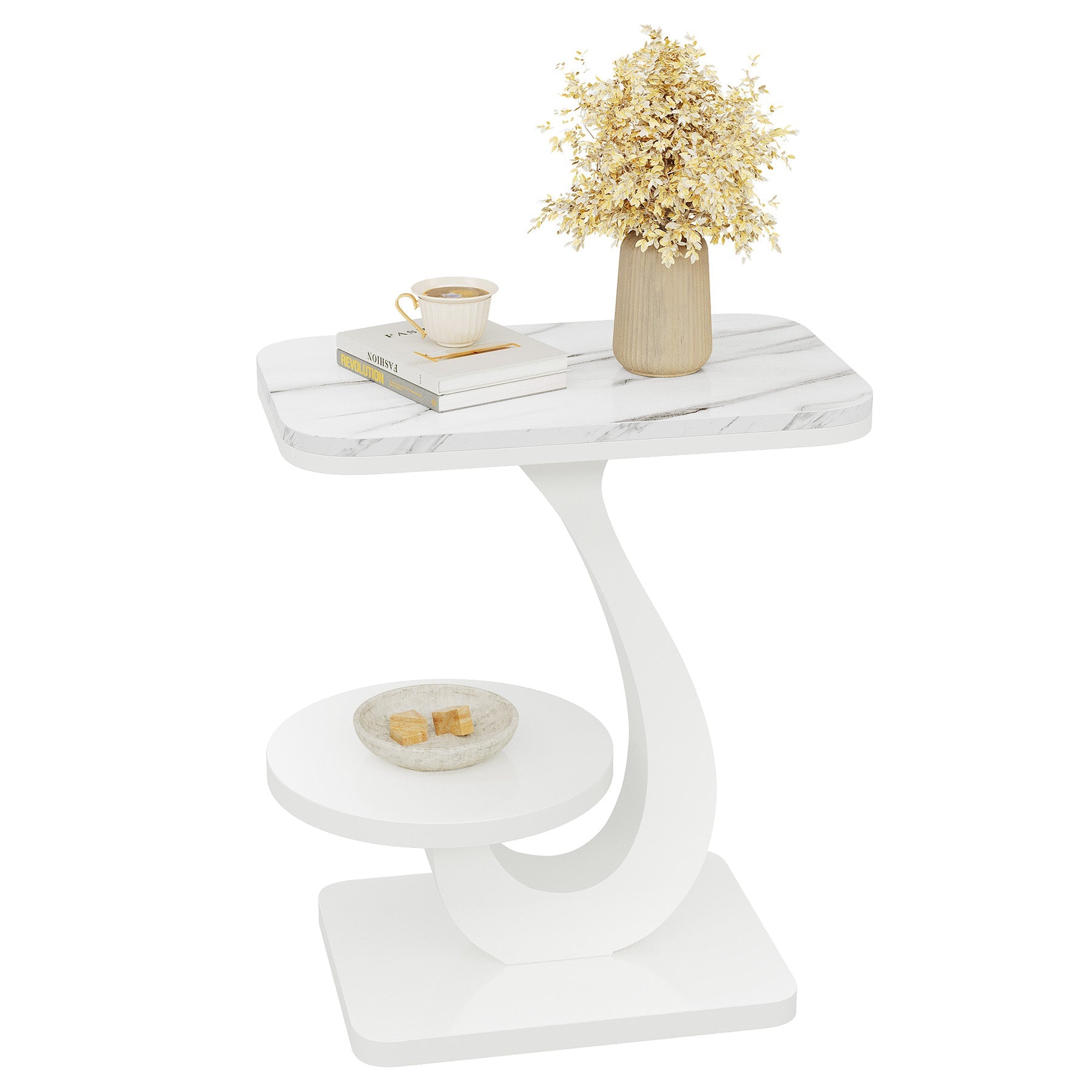 23.62“ C-Shaped End Table with 2-Tier Storage, Faux Marble Top White