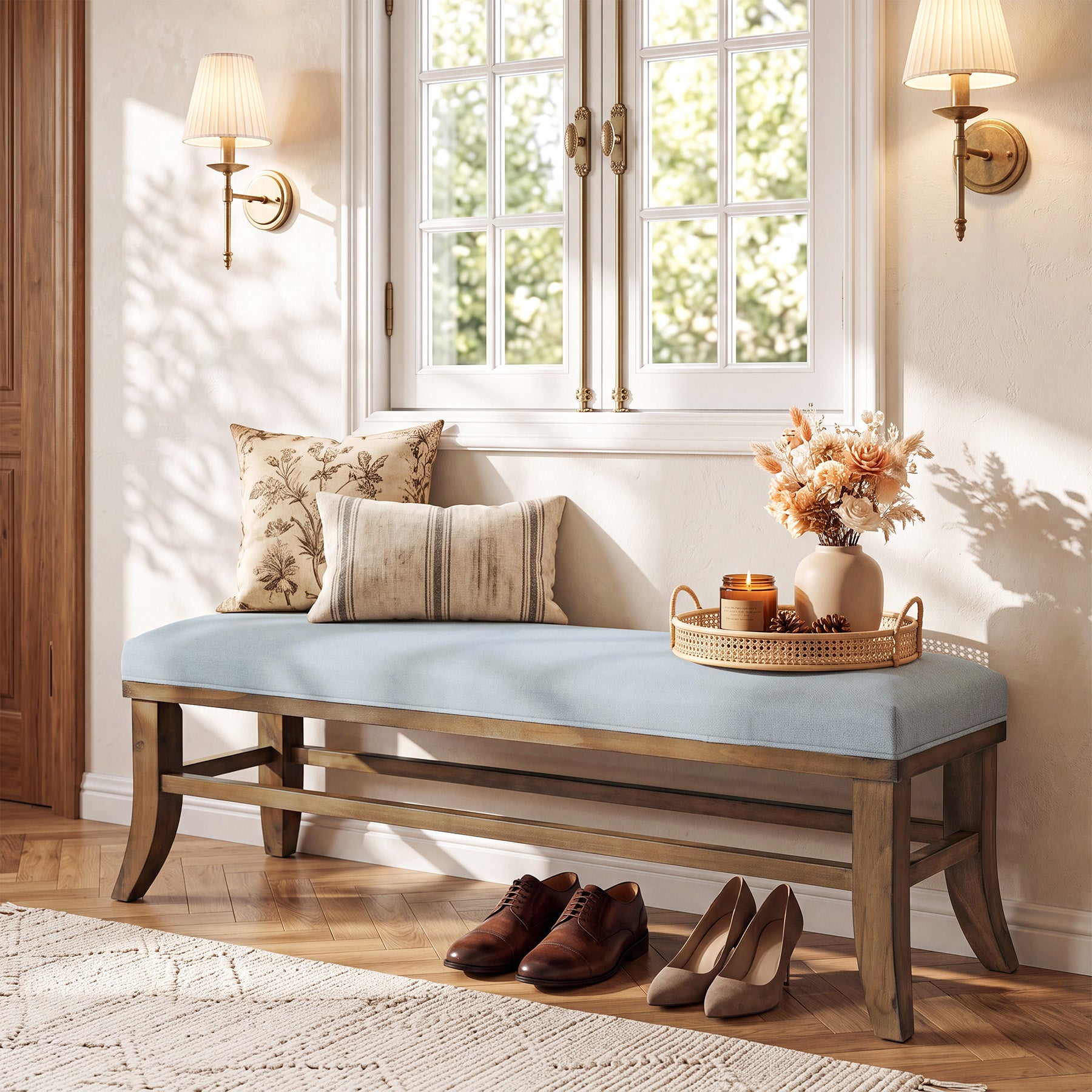 Tribesigns 55-Inch Upholstered Bench, Solid Pine Wood Frame with Cushion for Bedroom Entryway