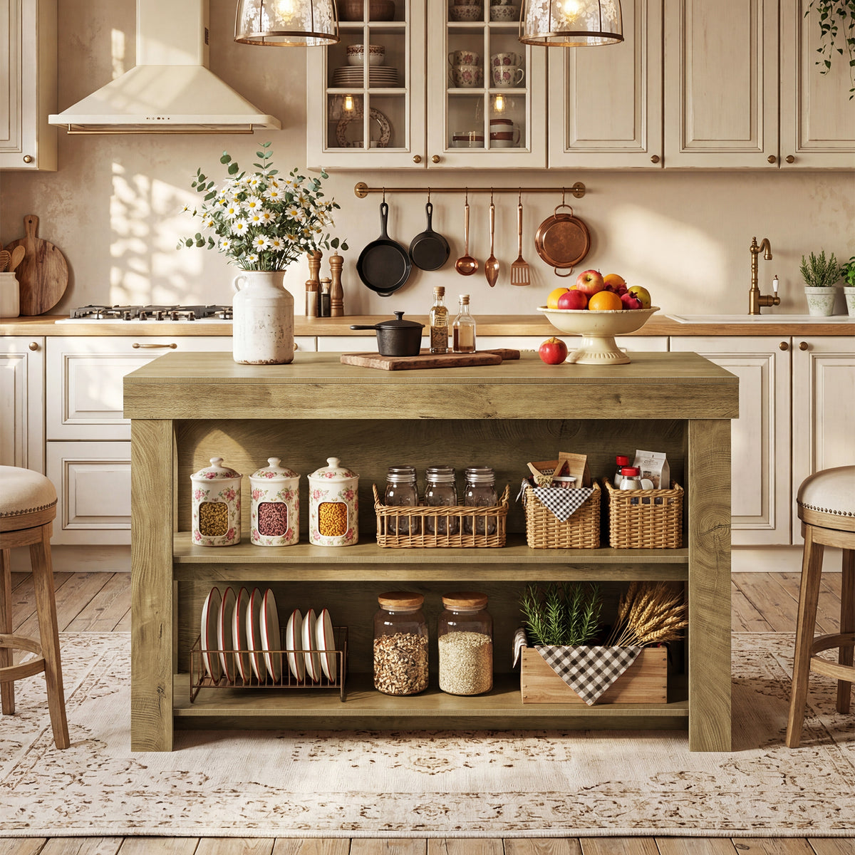 Tribesigns Solid Wood Kitchen Island Table with Storage Shelves, Farmhouse Counter Height Island