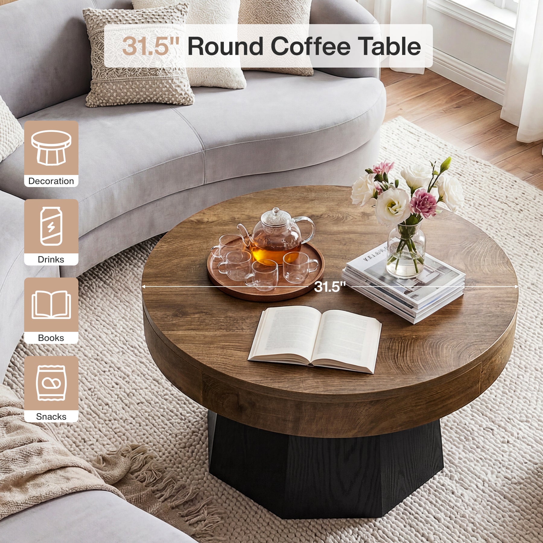 31.5-Inch Round Coffee Table with Octagonal Base, Modern Centre Table for Living Room