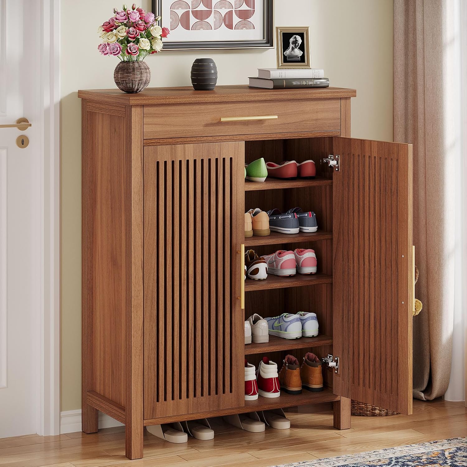 55" 5-Tier Shoe Cabinet - Louvered Door Storage Organizer with Drawer Shelves, Brown