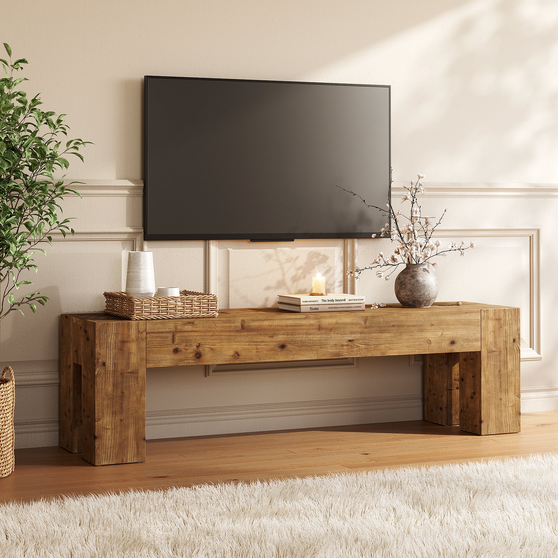 Tribesigns 63-Inch Solid Wood TV Stand for TVs up to 70 Inches, Rustic Farmhouse Media Console for Living Room and Bedroom