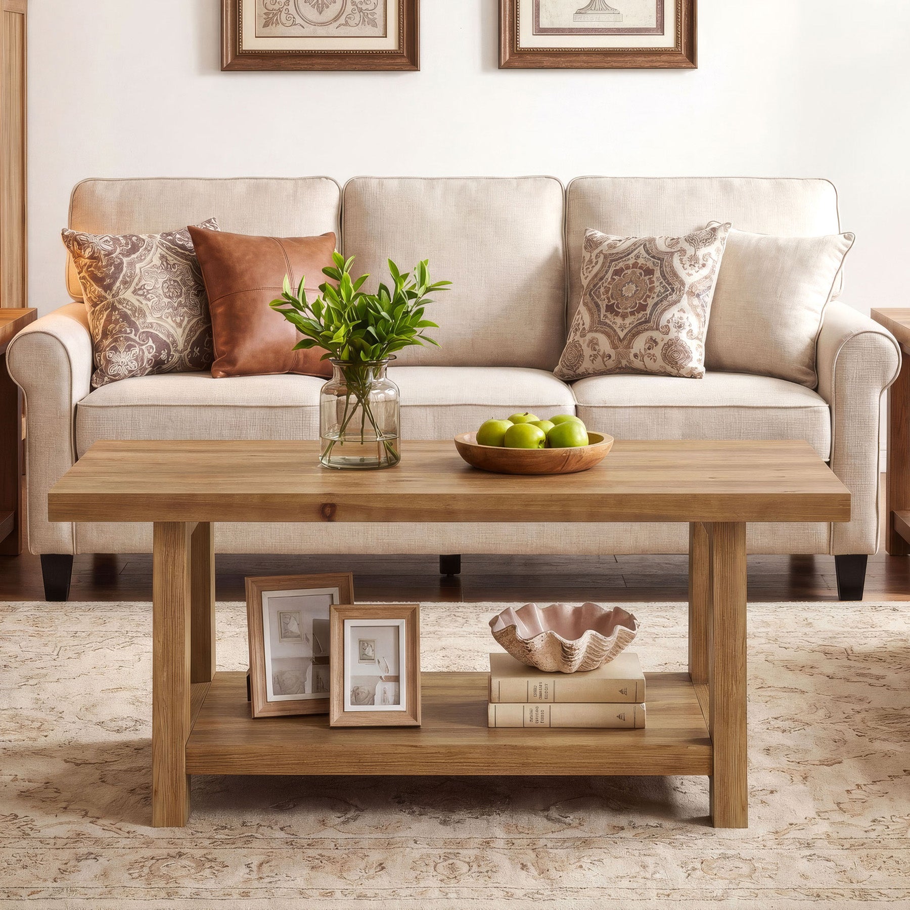 Tribesigns 47.2-Inch Solid Wood Coffee Table, 2-Tier Storage Shelf Rectangle Center Table for Living Room