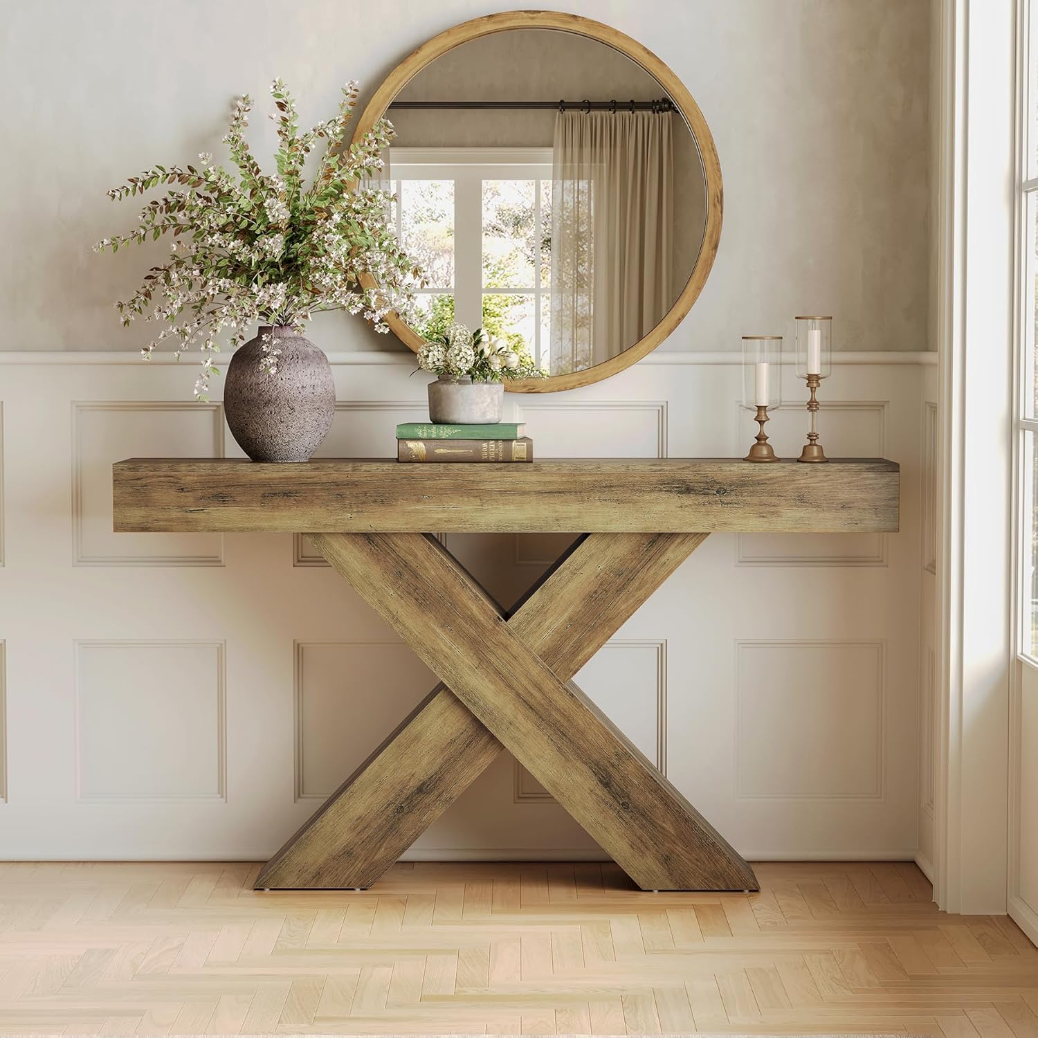 55" Rustic Industrial X-Brace Console Table - Slim Sofa Table for Entryway, Hallway & Living Room in Brown