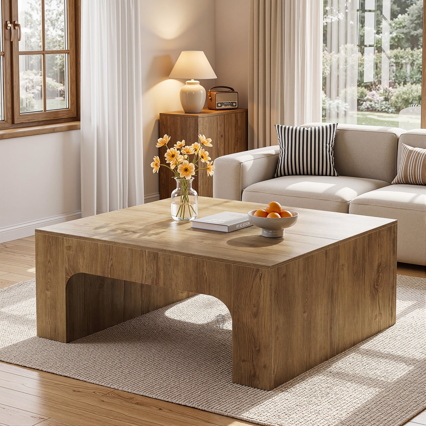 39 Inch Square Coffee Table, Farmhouse Wooden Center Table with Curved Design for Living Room
