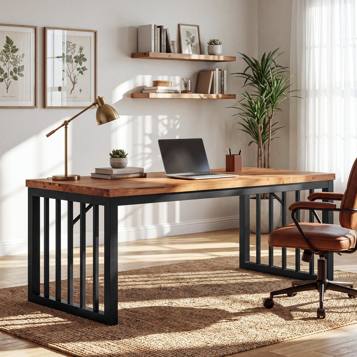 Tribesigns 63 Inch Solid Wood Executive Desk with Metal Frame, Farmhouse Home Office Computer Desk