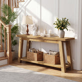 70.9-Inch Solid Wood Console Table with 2-Tier Storage Shelf, Farmhouse Entryway Table for Living Room and Hallway 3