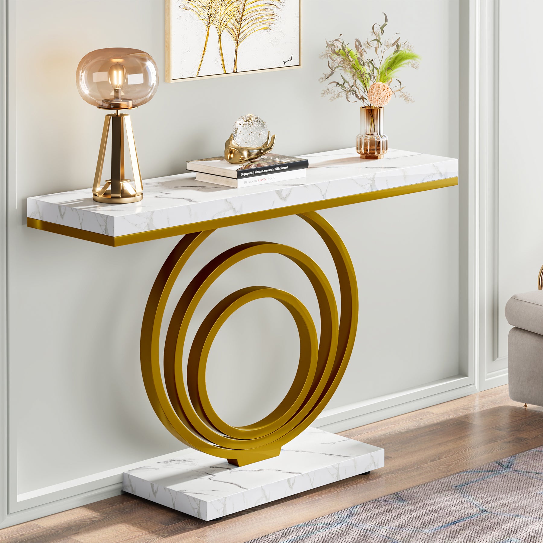 Tribesigns 41.3-Inch Gold Console Table, Narrow Entryway Table with Faux Marble Veneer Top and Geometric Metal Frame for Hallway