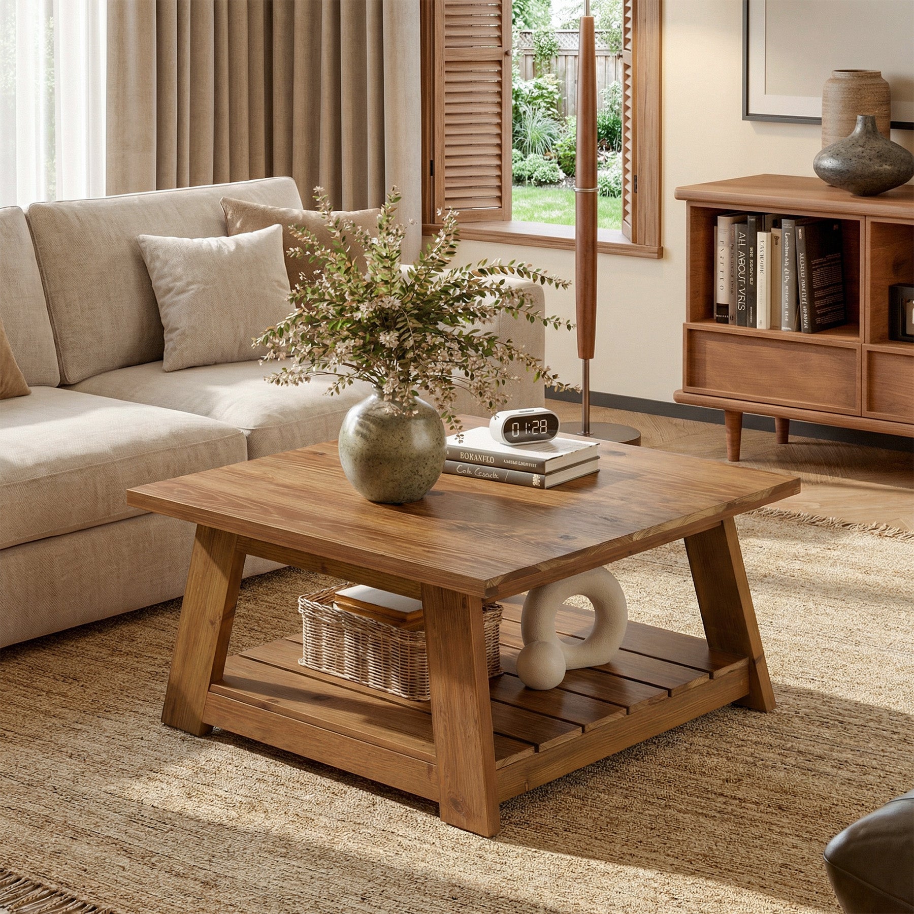 Tribesigns 31.5 Inch Solid Wood Square Coffee Table, Farmhouse Centre Table with Storage Shelf