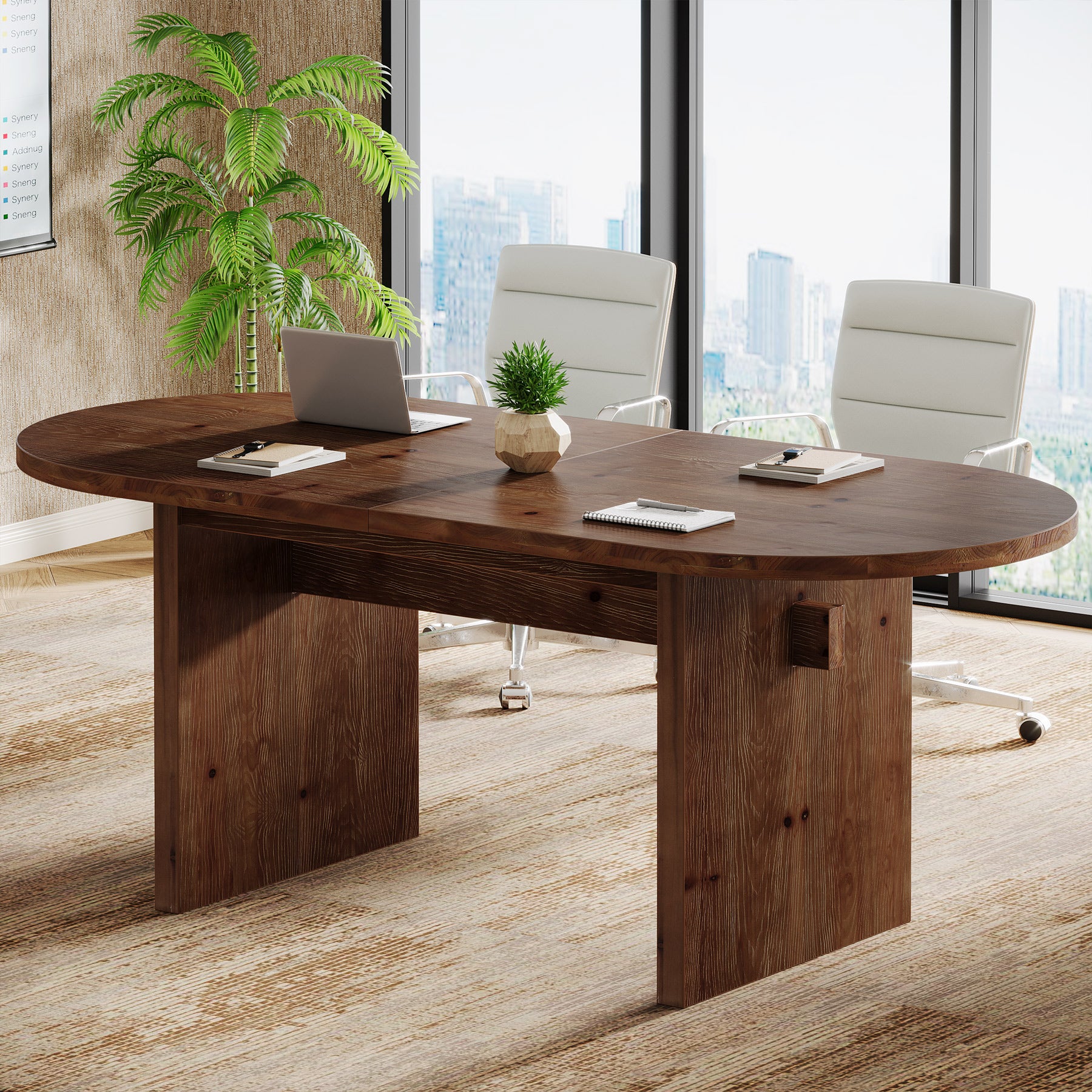 63-Inch Solid Wood Conference Table for 4 to 6 People with Oval Tabletop, Farmhouse Meeting Seminar Table
