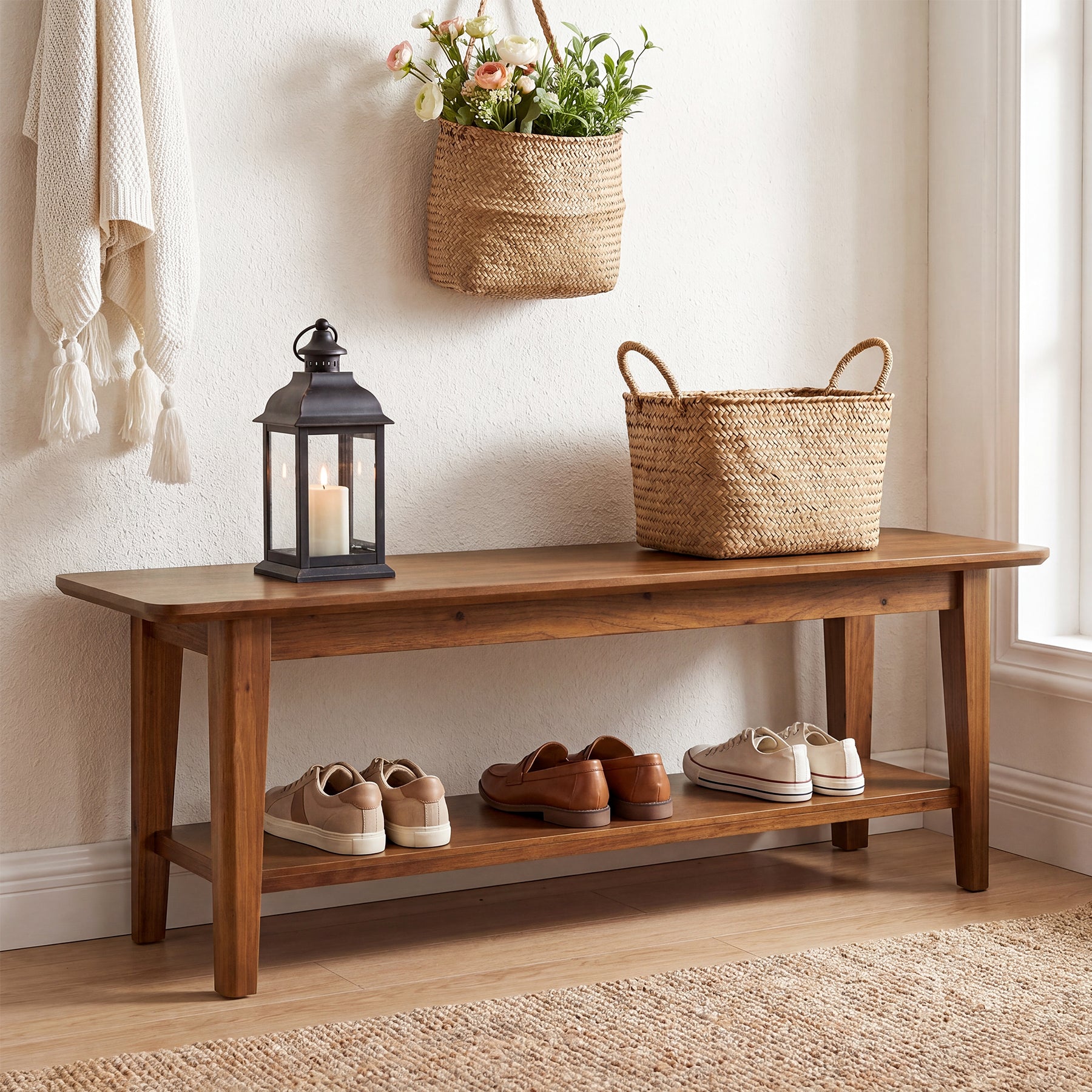 Tribesigns 55.12-Inch Wooden Shoe Bench with Open Shelves, Farmhouse Entryway Bench for Hallway