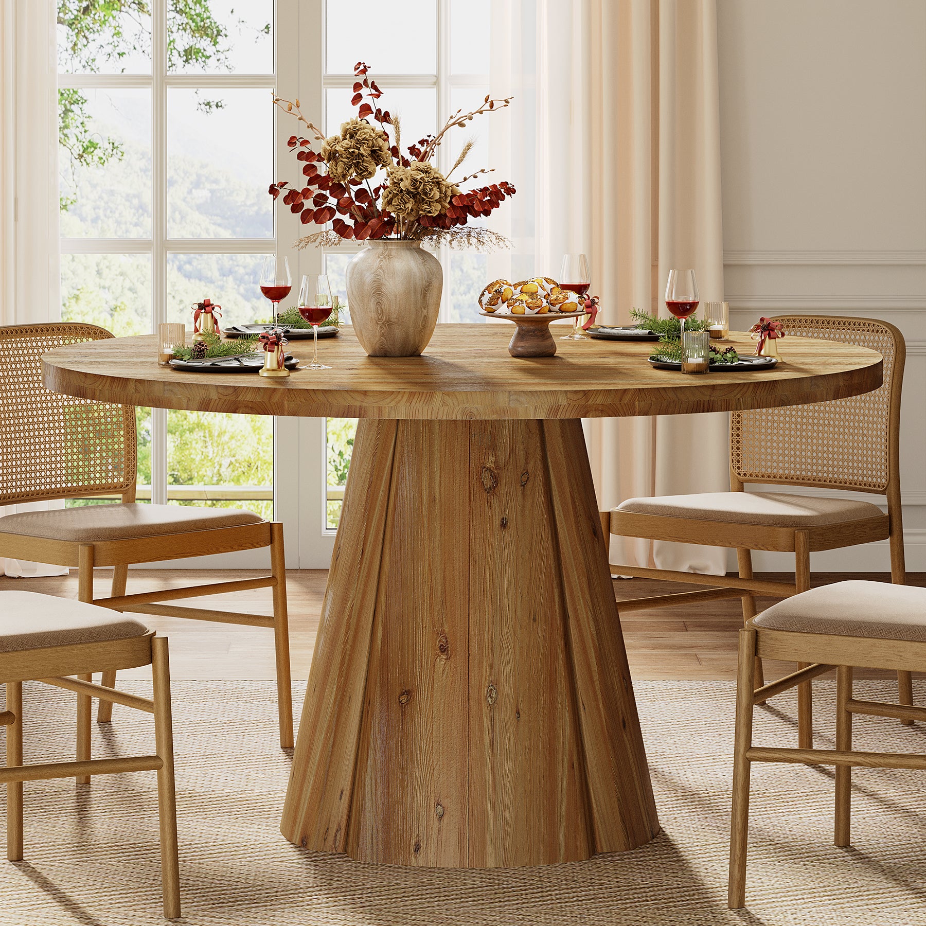 Tribesigns 47.24-Inch Solid Wood Dining Table, Farmhouse Round Kitchen Table with Pedestal Base for Dining Room