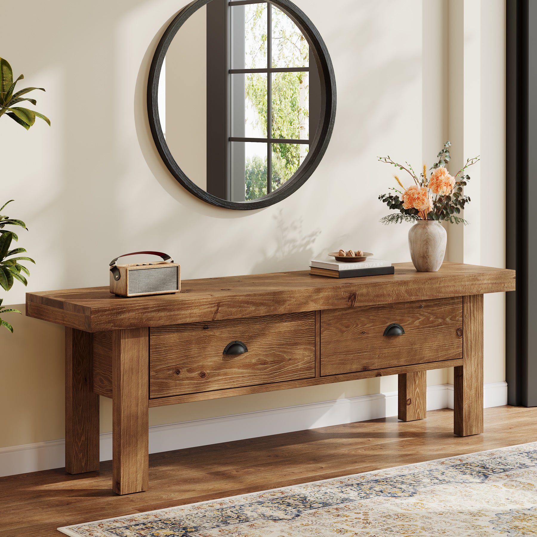 Tribesigns 55 Inch Solid Wood Storage Bench with 2 Drawers, Farmhouse Entryway Seat for Hallway