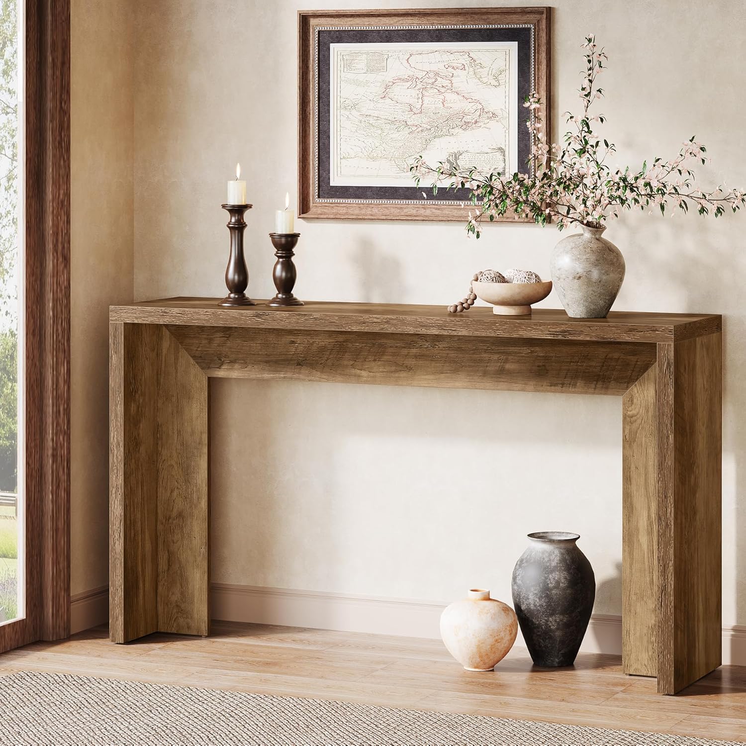 55" Farmhouse Console Table with Storage - Rustic Sofa Table for Hallway & Living Room