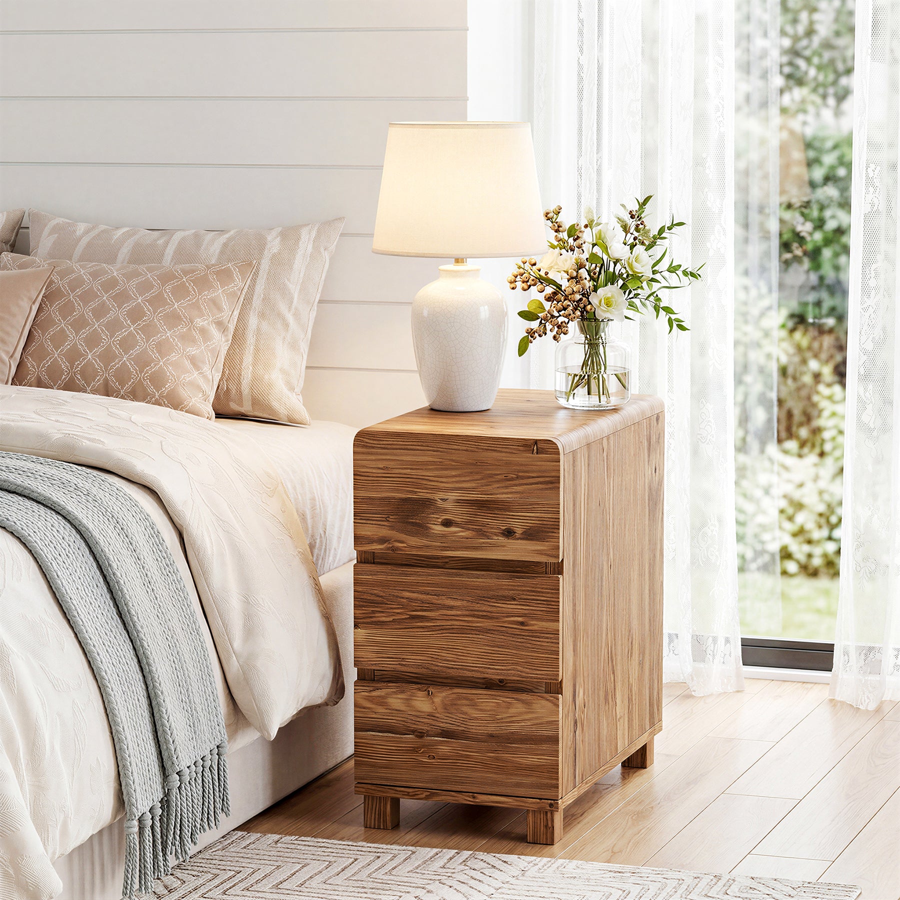 Tribesigns 25.59-Inch Tall Solid Wood Side Cabinet, 3-Drawer Narrow Nightstand