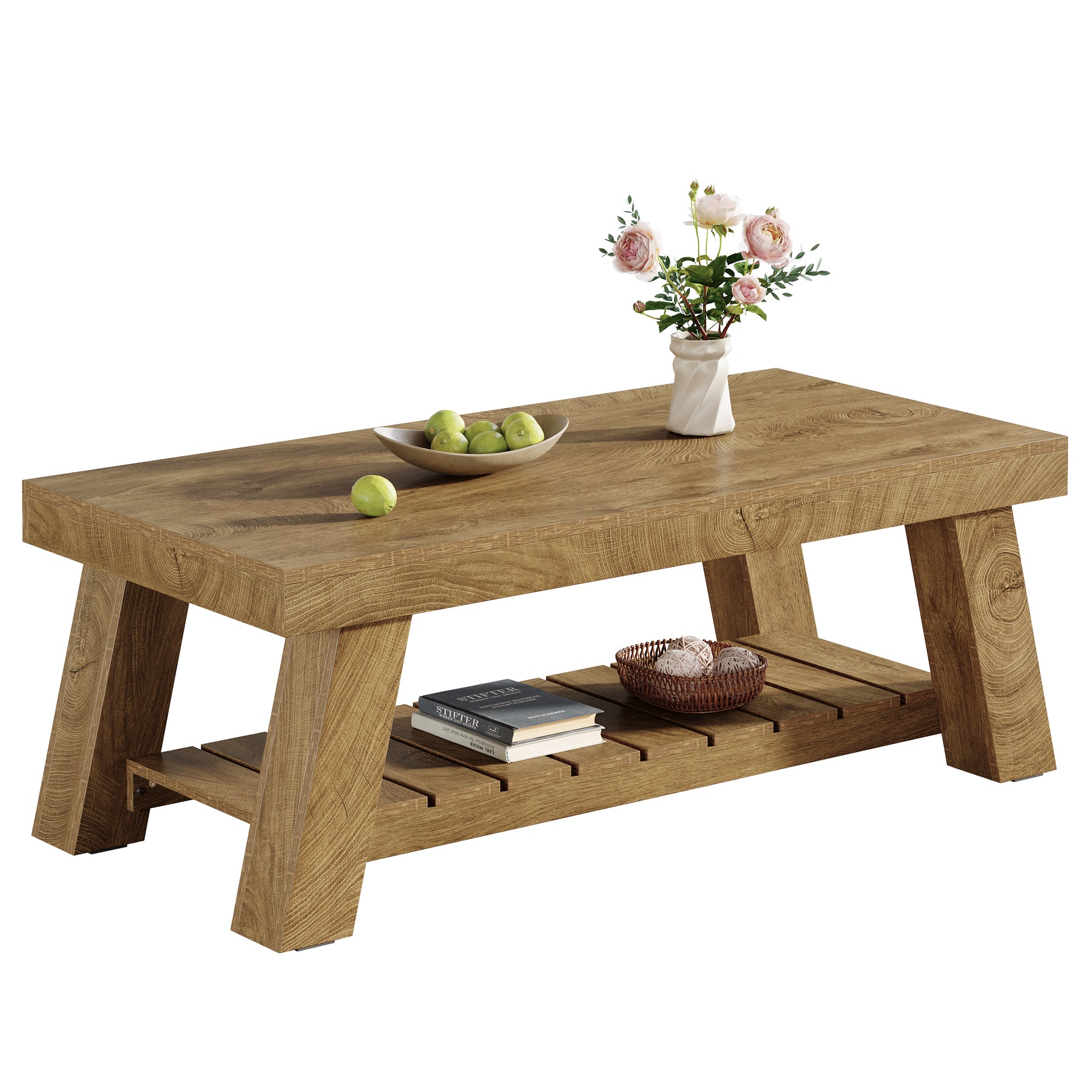 47.24-Inch Rectangular Coffee Table, Farmhouse Wood Center Table with 2-Tier Storage