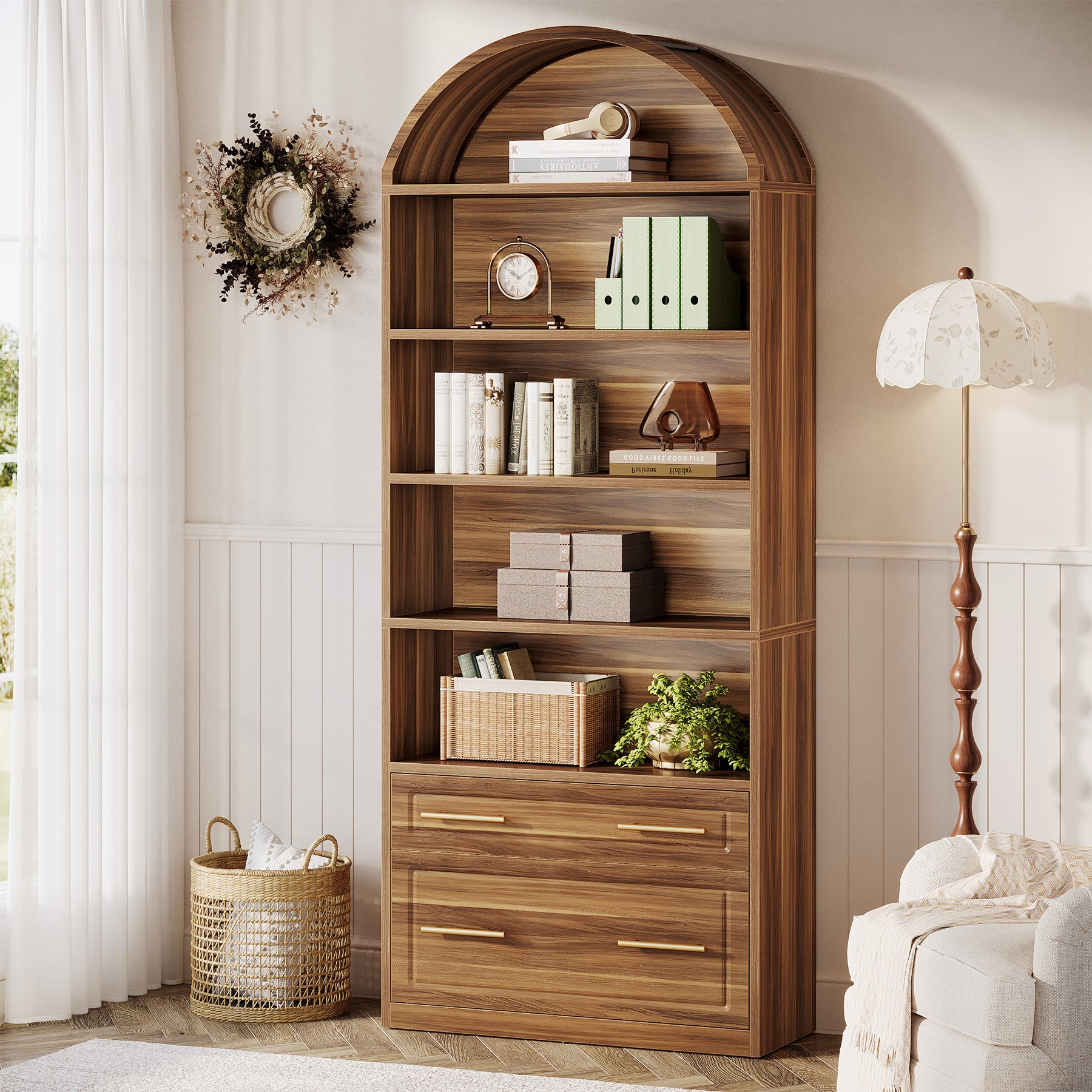 76.8-Inch Arched Bookcase with File Cabinet Drawer, 5-Tier Storage for Home Office