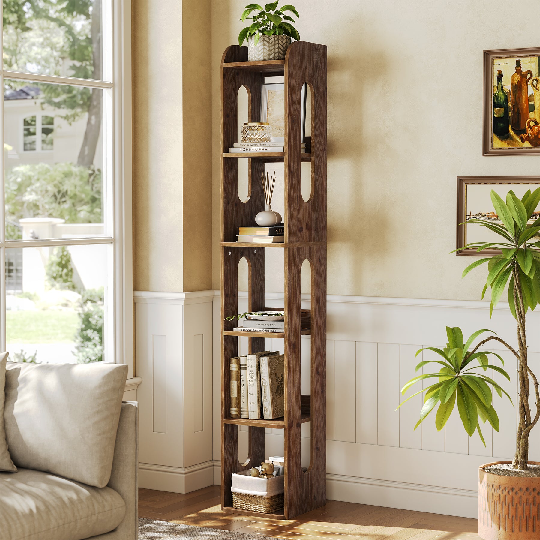 70.87-Inch Solid Wood Bookshelf with 6 Tiers, A Tall Narrow Open Bookcase for Living Room and Home Office
