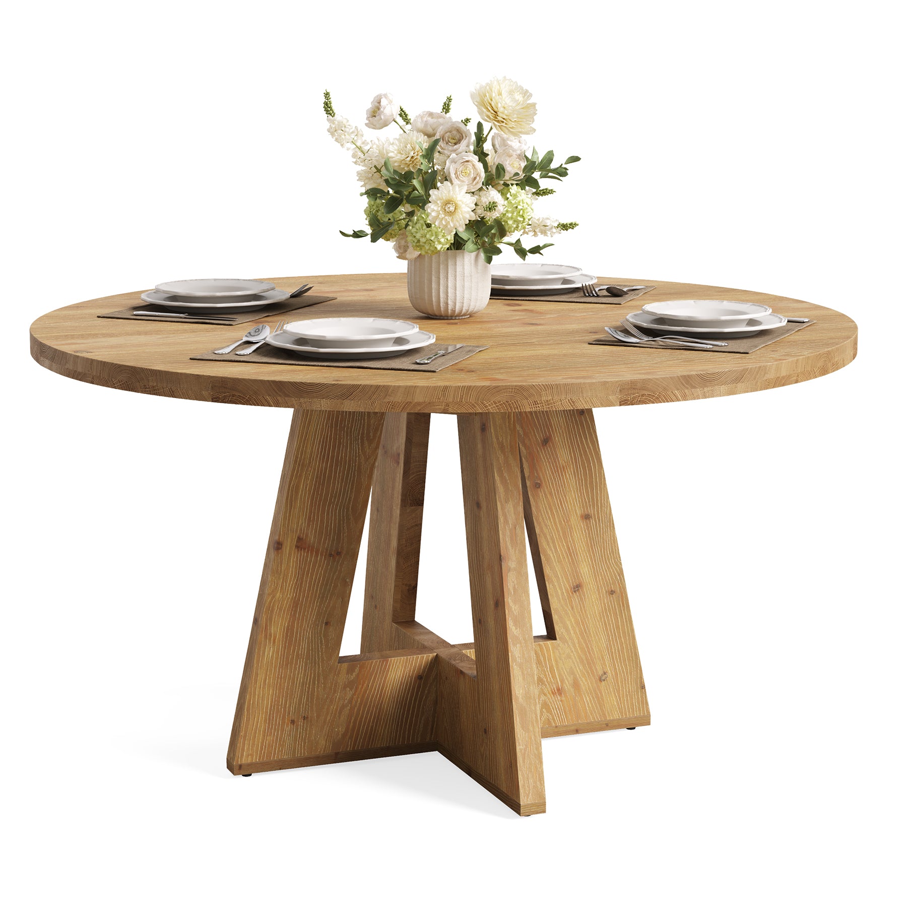 47 Inch Solid Wood Round Dining Table for 4–6, Farmhouse Wooden Kitchen Table for Family Dining