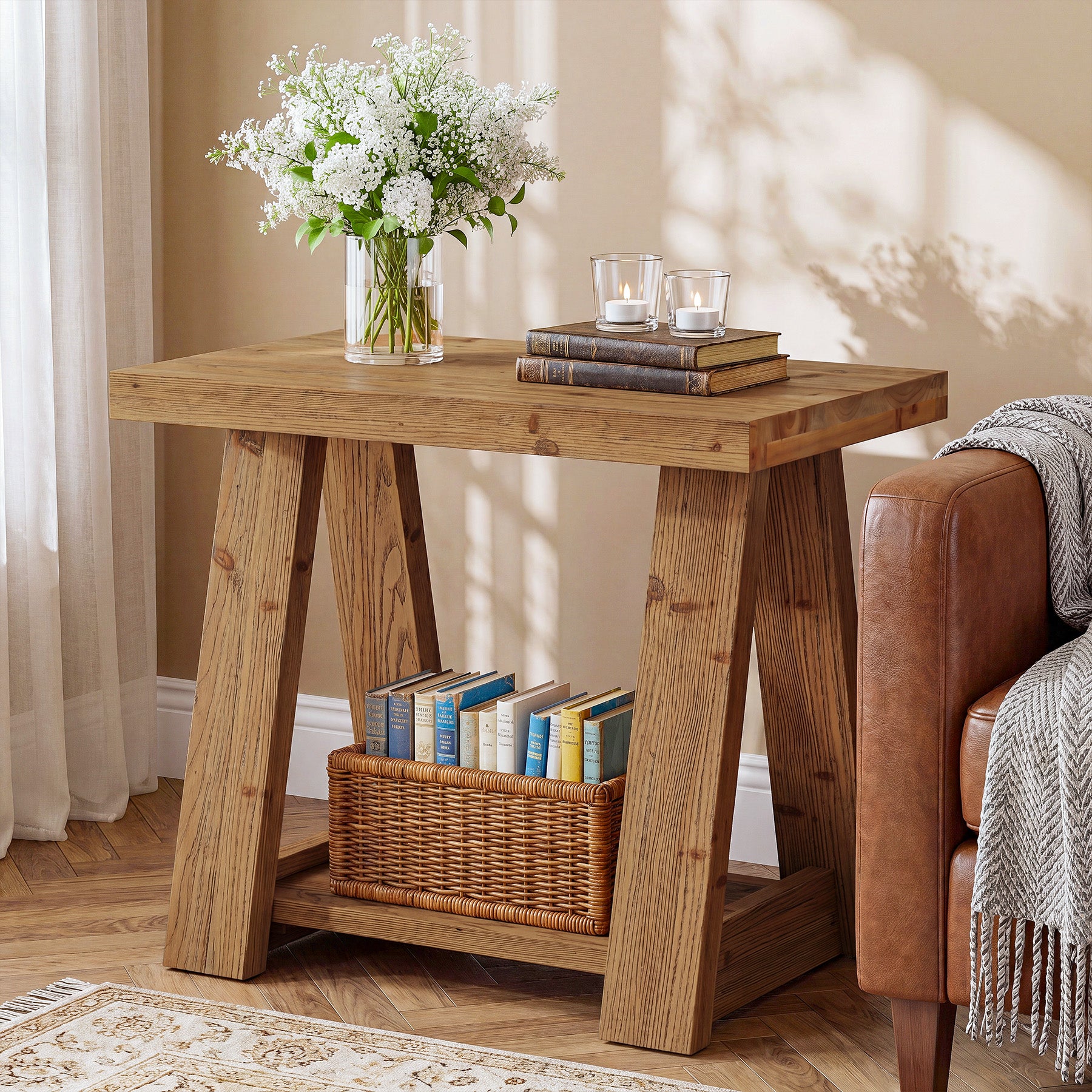 23.62 Inch Solid Wood End Table with 2-Tier Storage Shelves, Farmhouse Side Table for Living Room