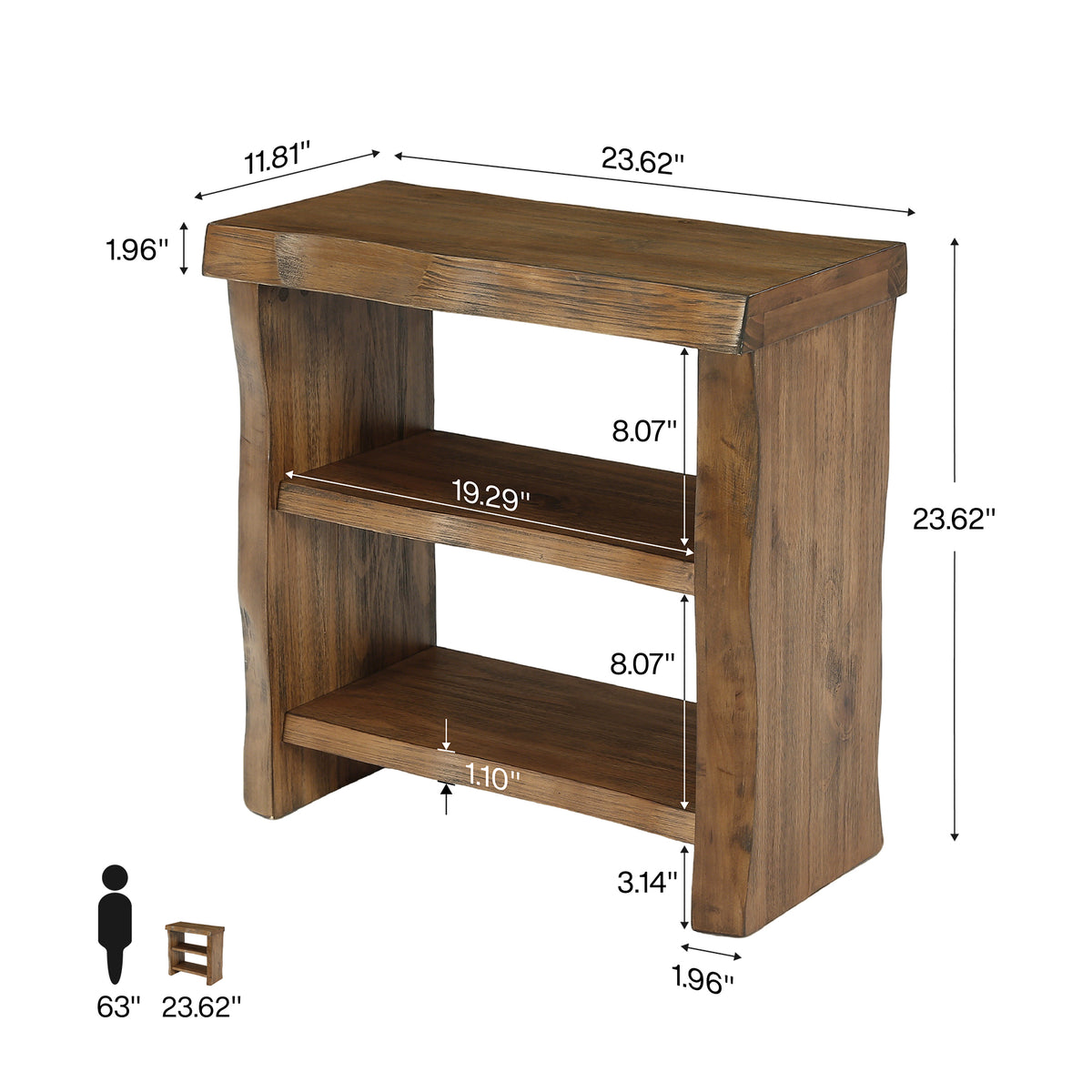 23.62 Inch Solid Wood End Table with 3-Tier Storage Shelves and Live-Edge Design, Narrow Side Table for Living Room