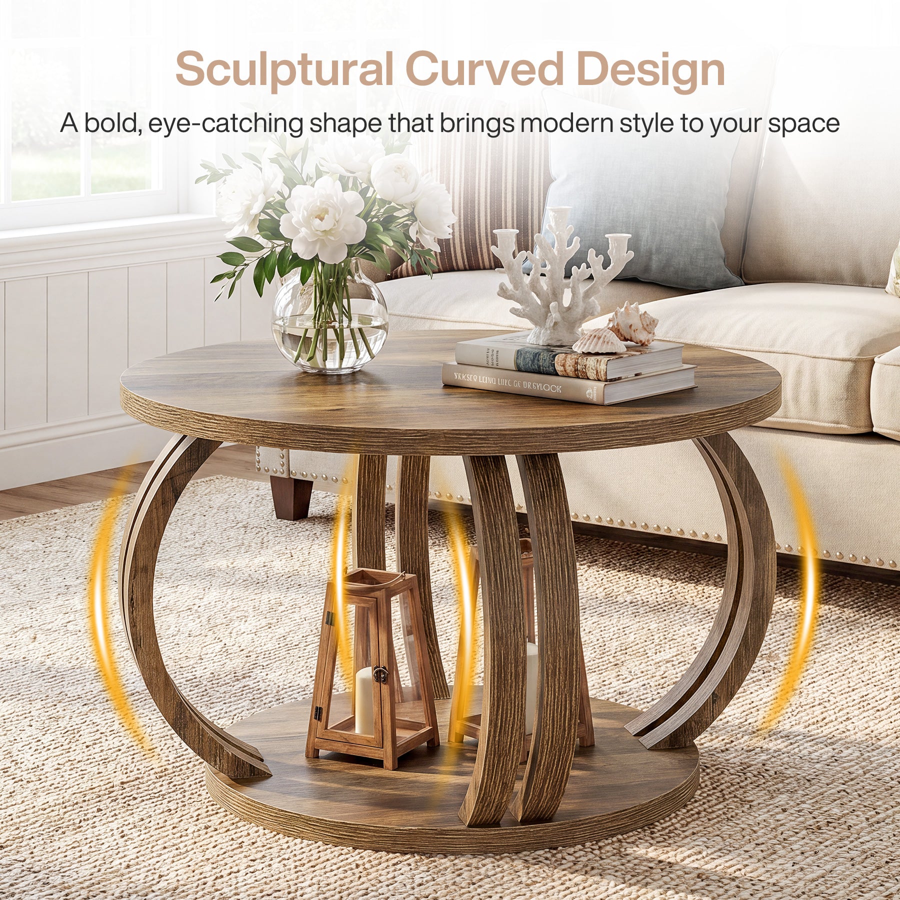 Tribesigns 31.5 Inch Round Coffee Table with Storage, Sculptural Curved Base for Living Room