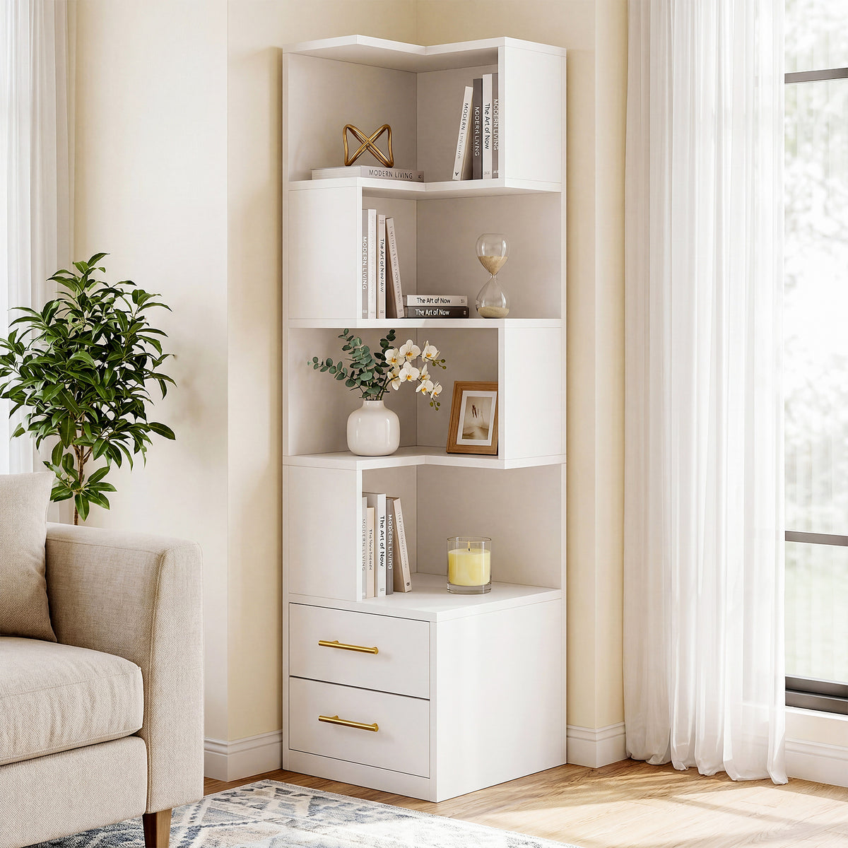 Tribesigns 66.9-Inch Corner Bookshelf with 2 Drawers, 5-Tier L-Shaped Bookcase for Home Office