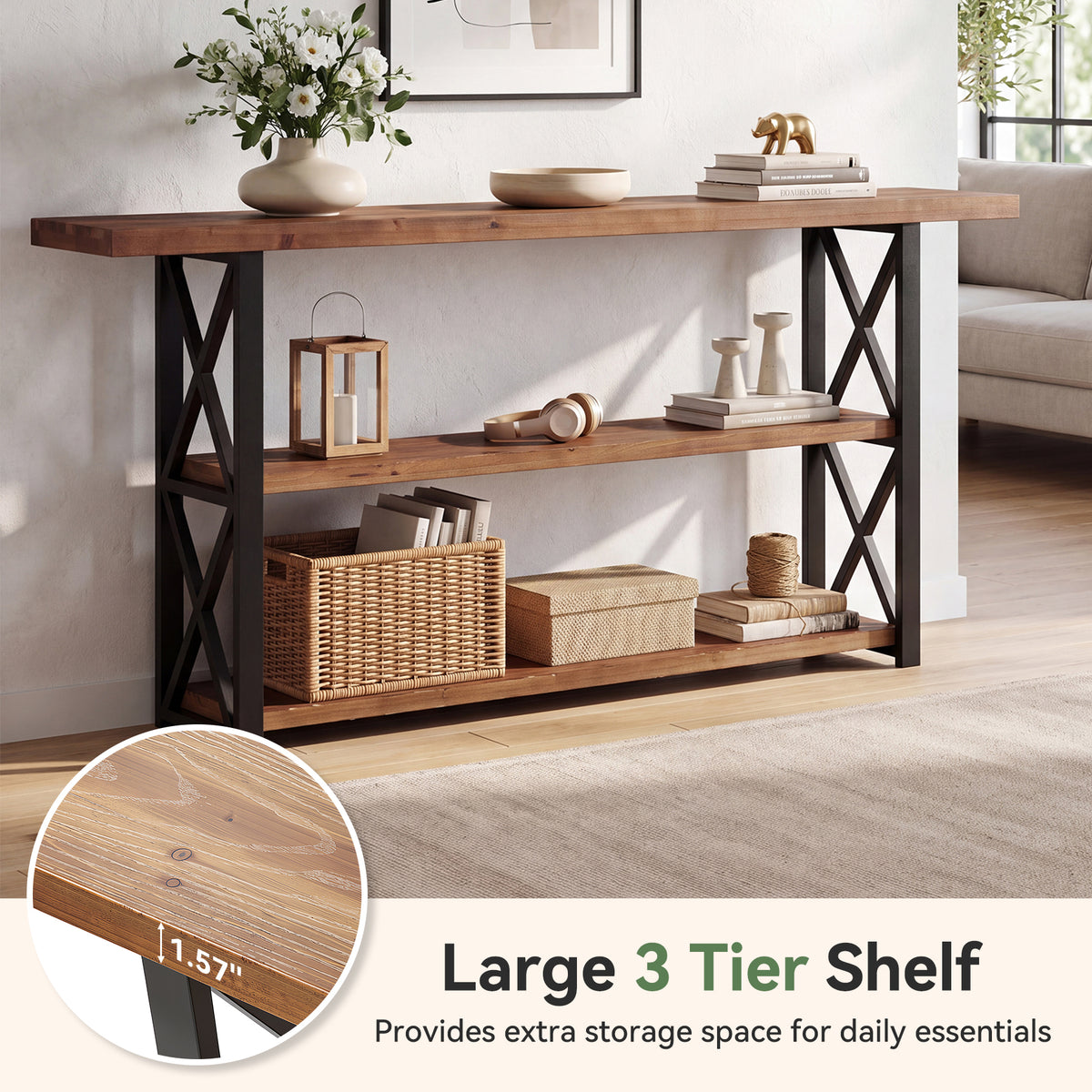 Tribesigns 63-Inch Narrow Console Table with 3-Tier Storage, Rustic Sofa Table for Hallway and Entryway