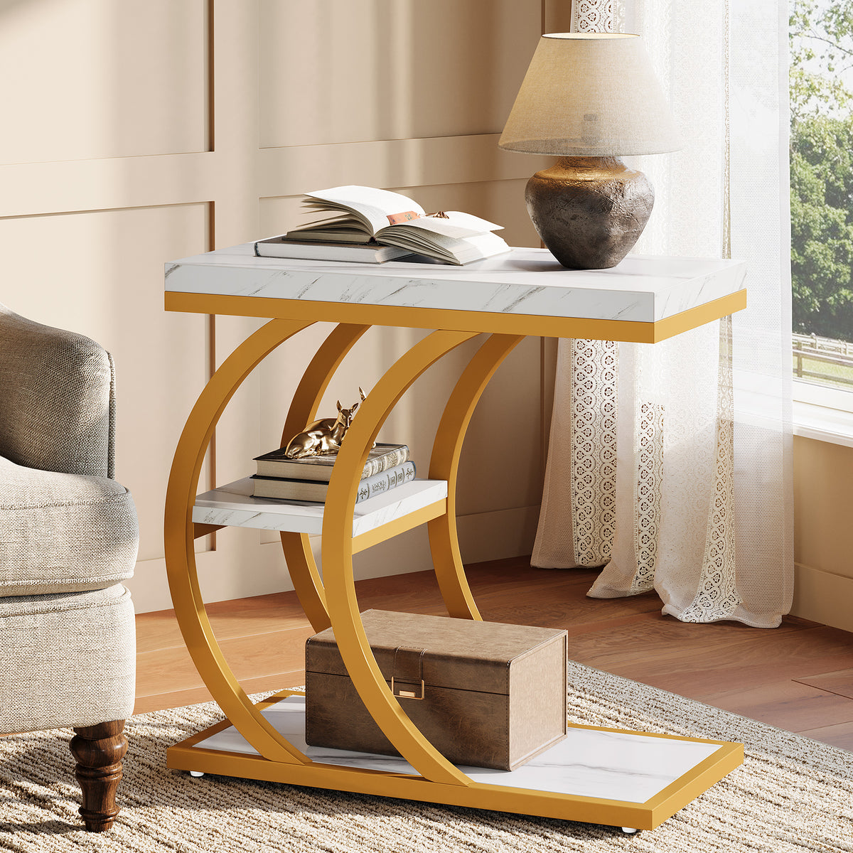 C-Space 3-Tier End Table, A Narrow C-Shaped Wood & Metal Side Table for Small Spaces