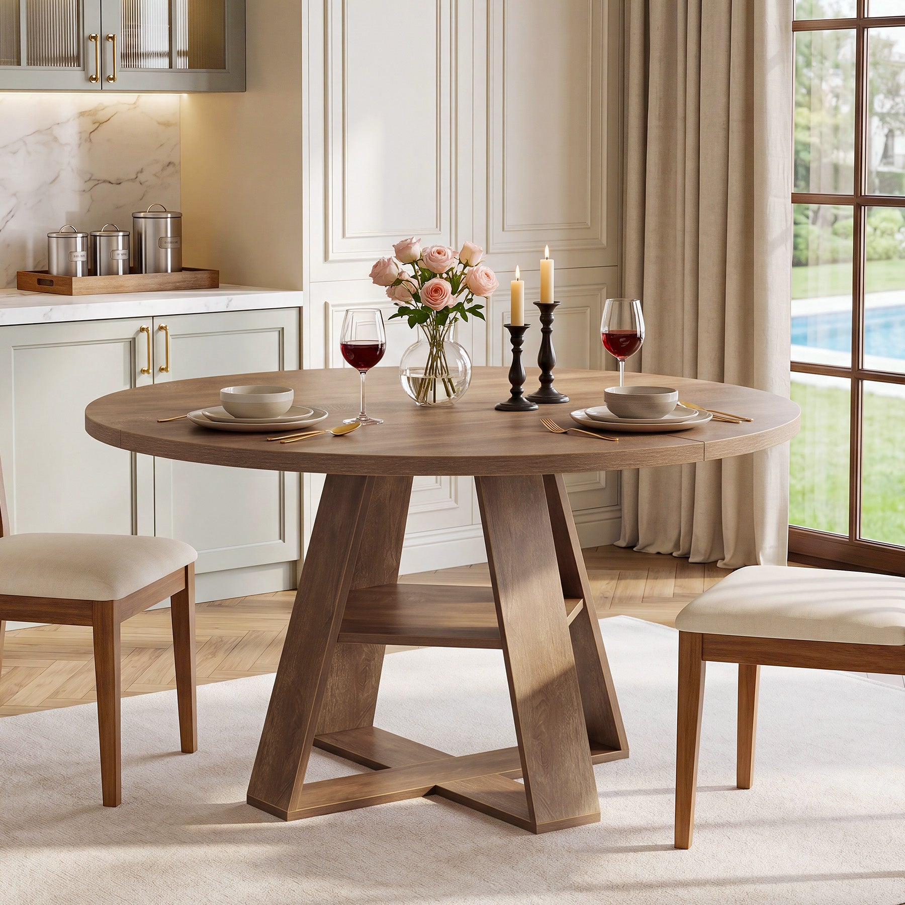 Tribesigns 47.24-Inch Round Dining Table for 4-6, Modern Farmhouse Kitchen Table with X-Cross Pedestal Base and Storage Shelf for Dining Room