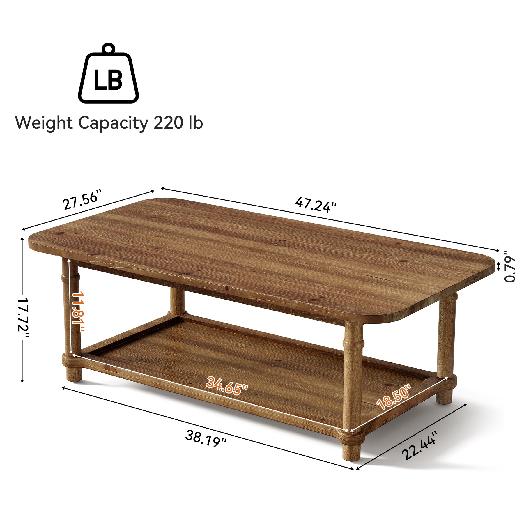 47-Inch Rectangle Coffee Table, Solid Wood 2-Tier Storage Table for Living Room