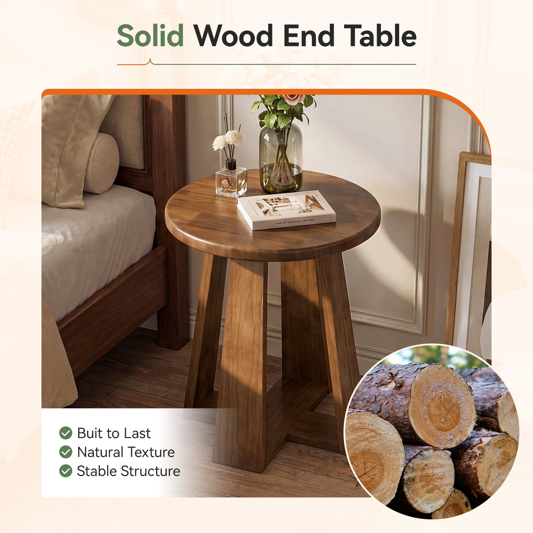 19.69 Inch Solid Wood Round End Table with Geometric Legs, Side Table for Living Room