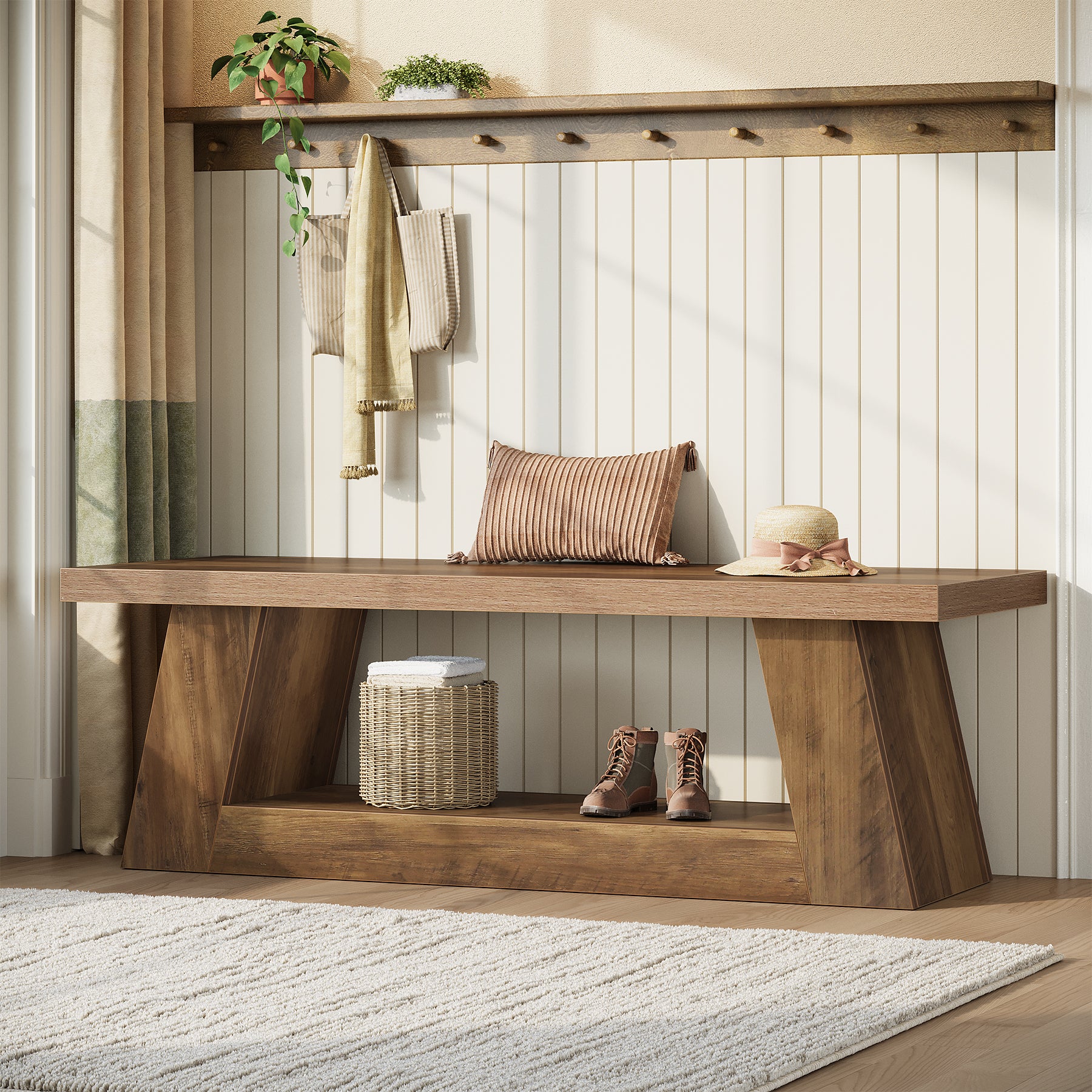 63" Wooden Entryway Bench with 2-Tier Storage, Rustic Long Bench for Hallway Living Room Bedroom
