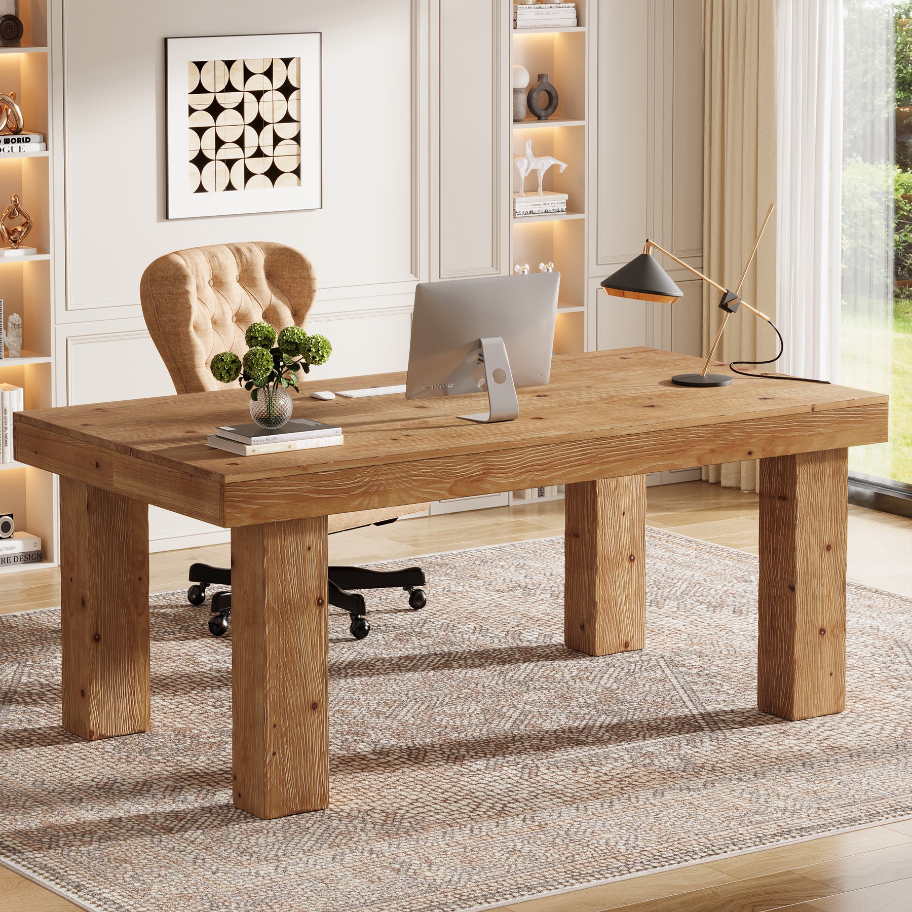 63-Inch Solid Wood Executive Desk with 3.74-Inch Thick Desktop and 350 lb Capacity, Farmhouse Computer Desk for Home Office Study and Business Workstation