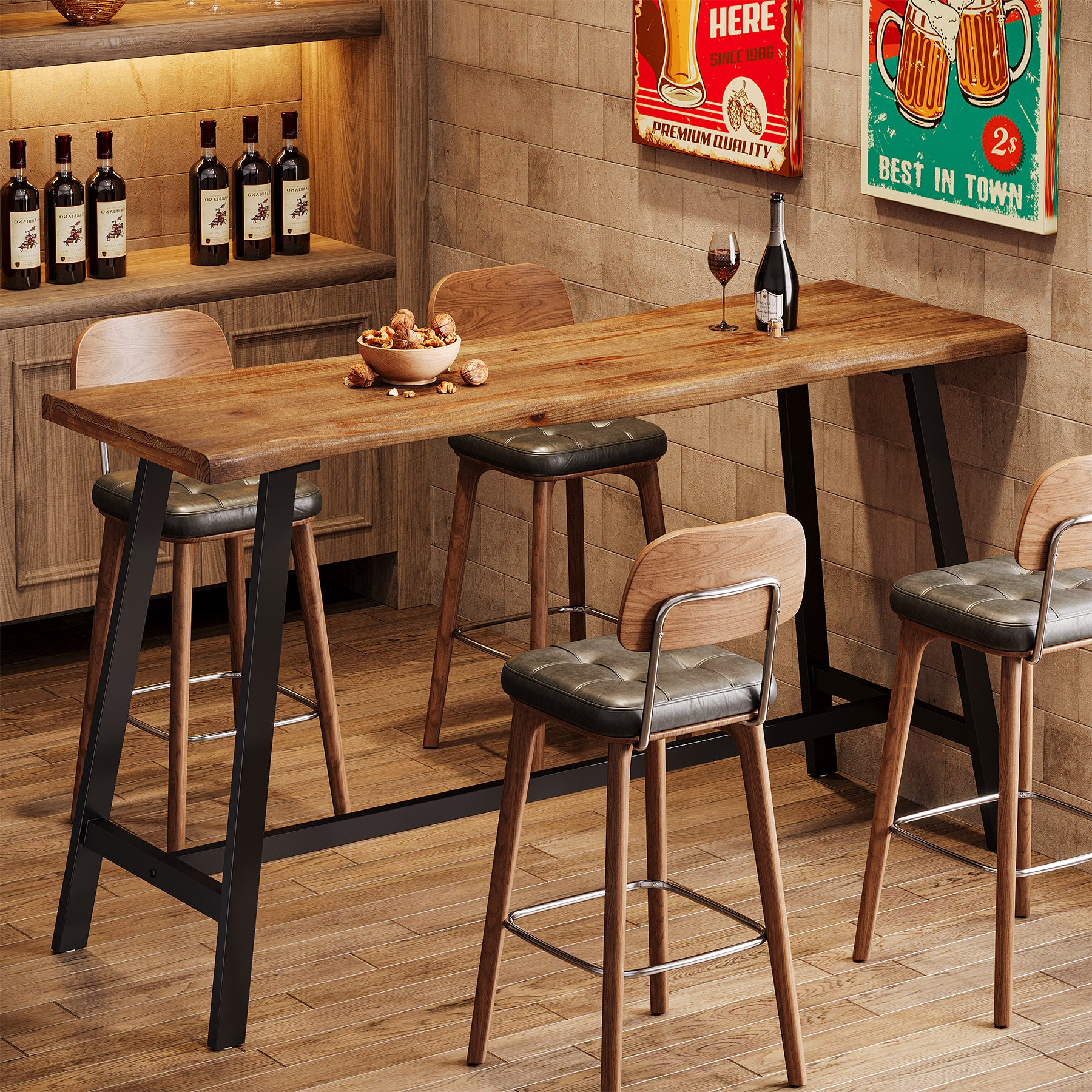 55 Inch Solid Wood Bar Table with Metal Frame and Footrest, Industrial Counter Height Pub Table for Kitchen