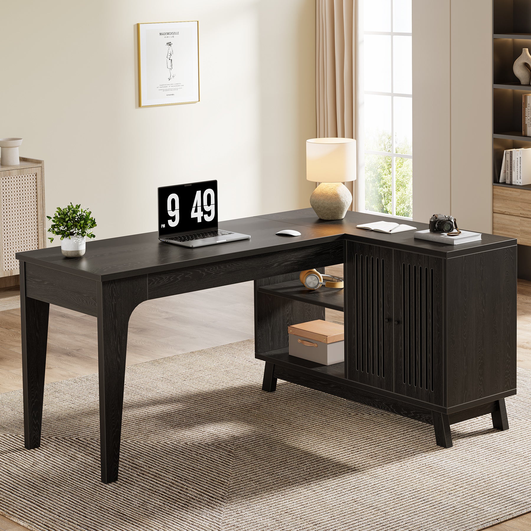 57-Inch L-Shaped Corner Desk with Storage Cabinet, Wood Home Office Workstation and Study Writing Table