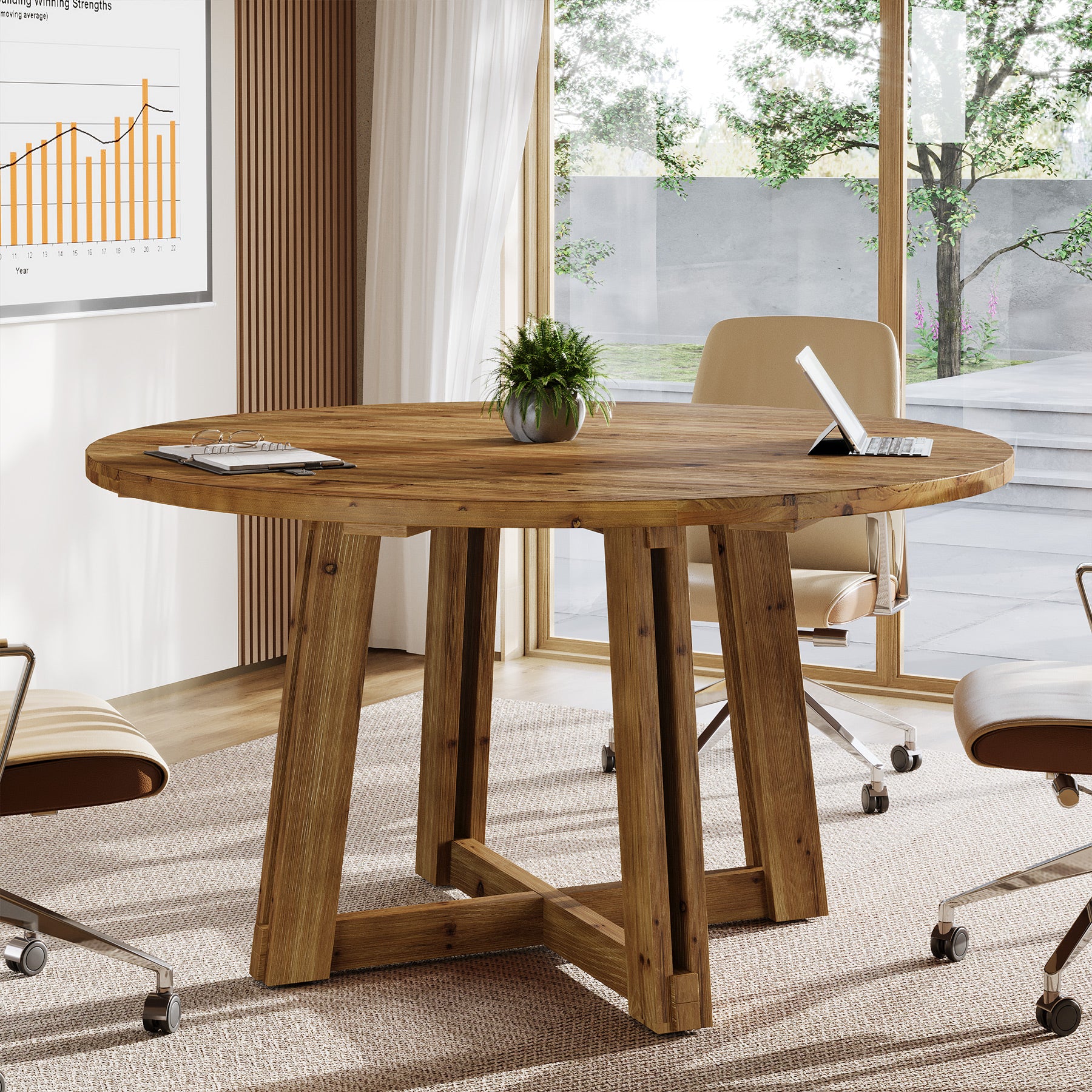 Tribesigns 47-Inch Solid Wood Conference Table for 4-6 People, Round Meeting Table with Crossed Frame for Office and Home Office