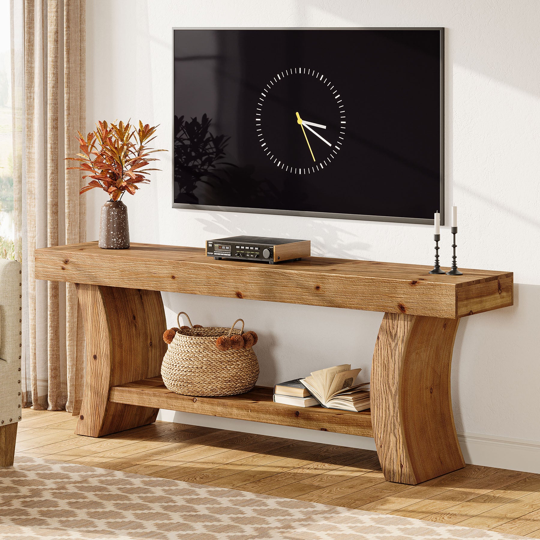 Tribesigns 63-Inch Solid Wood TV Stand with Curved Legs and 2-Tier Storage, Farmhouse Entertainment Center for Living Room and Bedroom