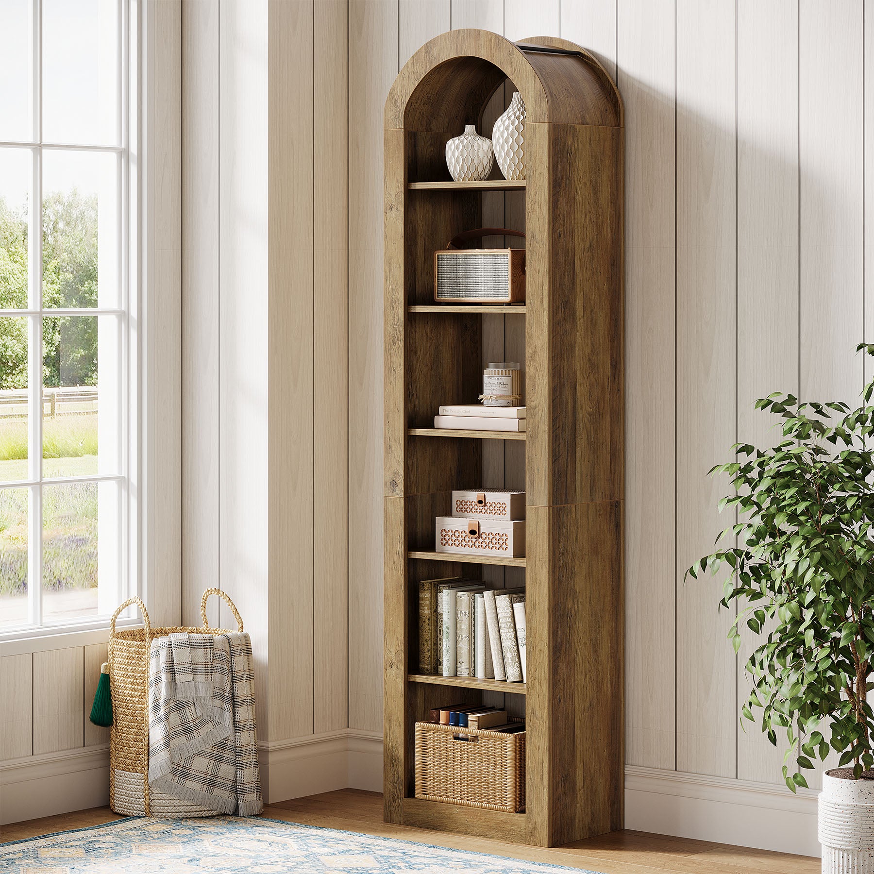 74.8-Inch Tall Arched Bookshelf, 6-Tier Narrow Open Bookcase for Small Spaces