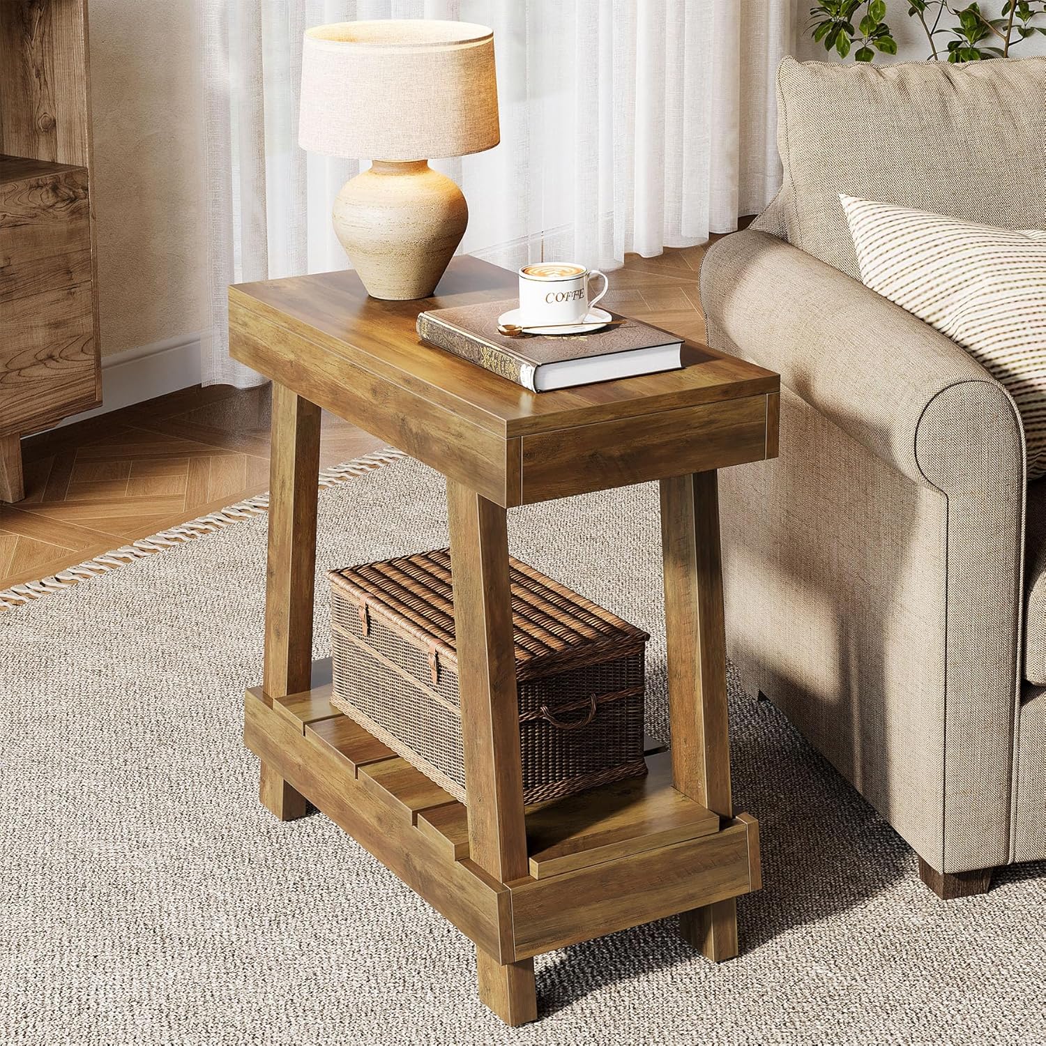 23.62" 2-Tier End Table - Farmhouse Bedside Nightstand with Storage Shelf