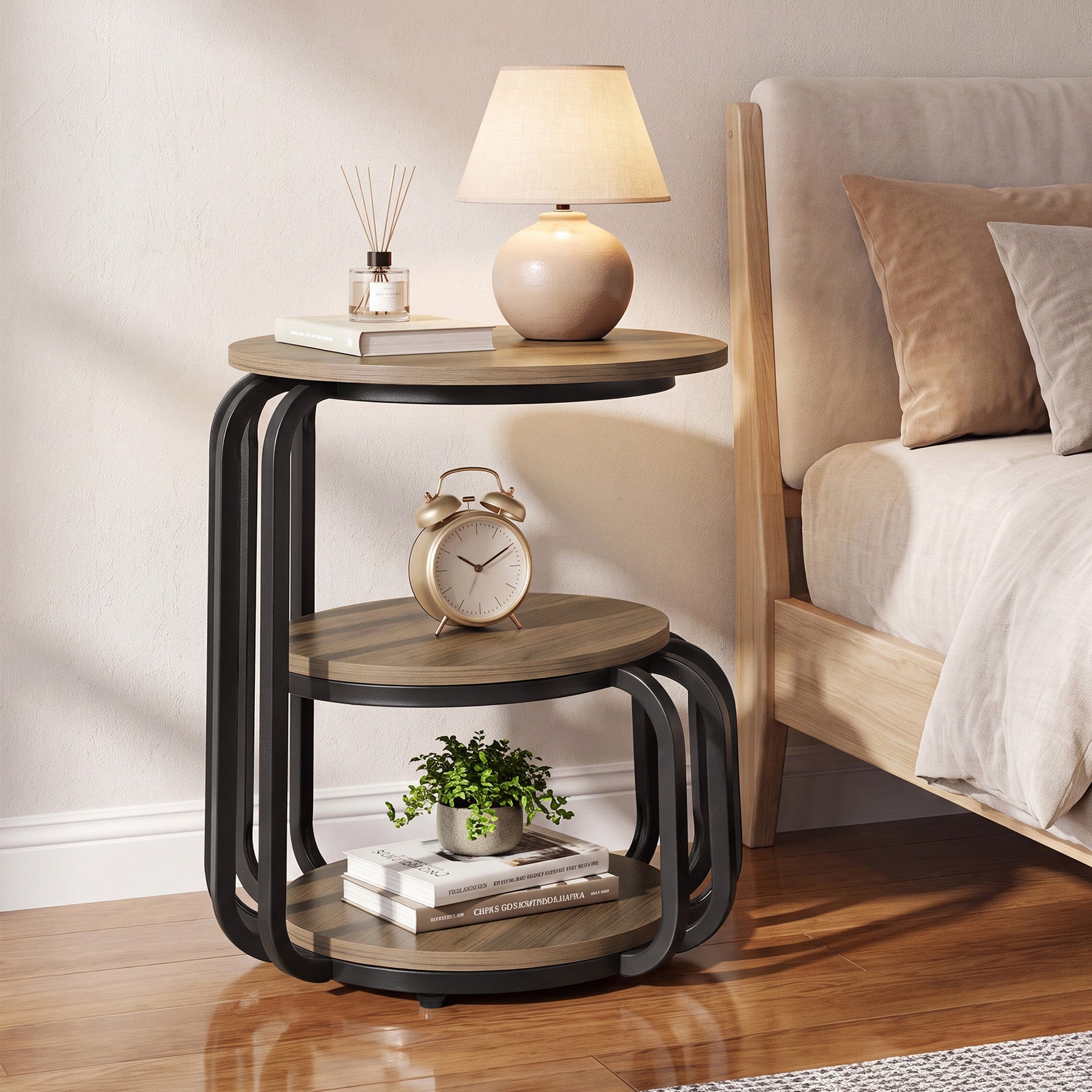 19.69 Inch Round Nightstand, 3 Tier Industrial Side Table with Storage for Bedroom