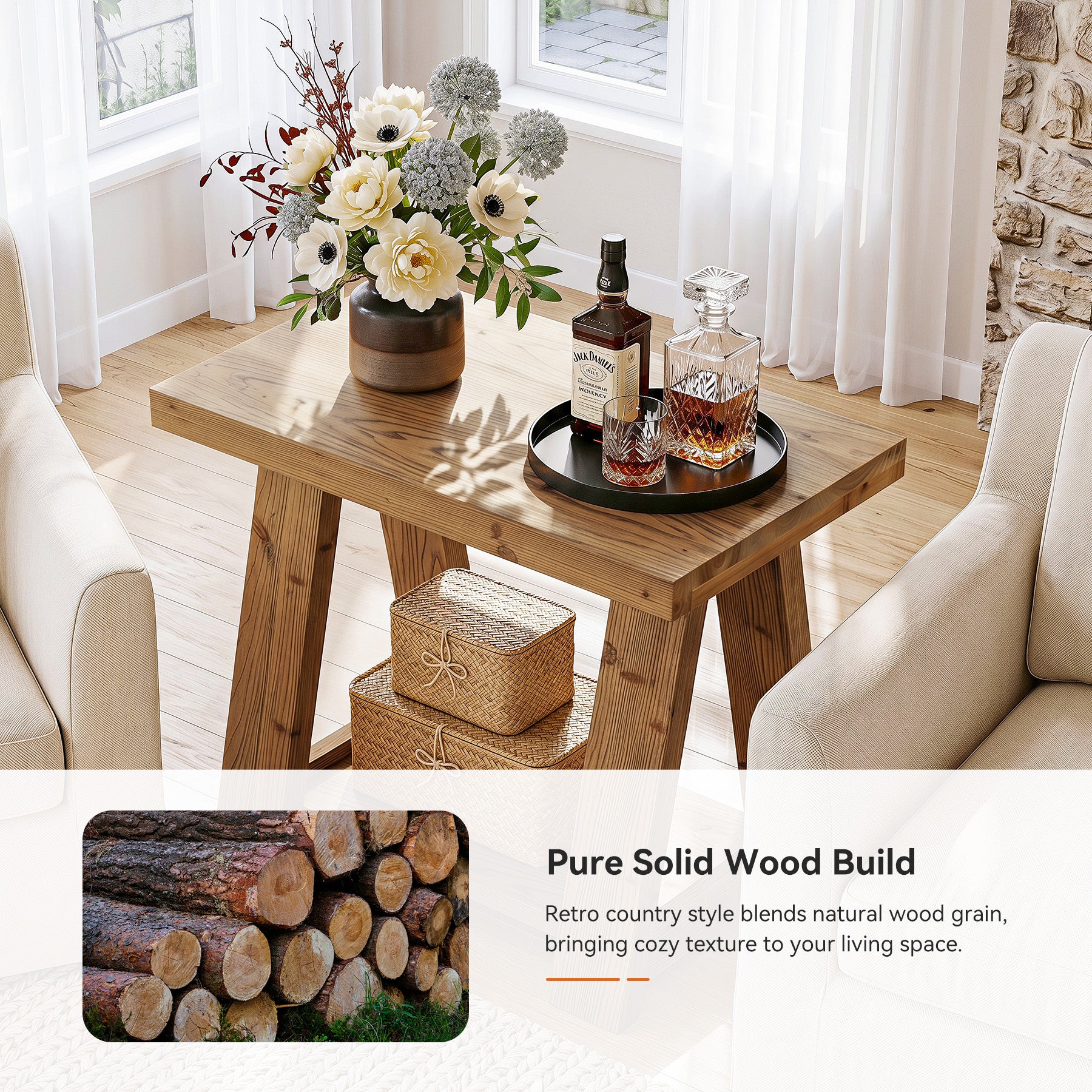 23.62 Inch Solid Wood End Table with 2-Tier Storage Shelves, Farmhouse Side Table for Living Room