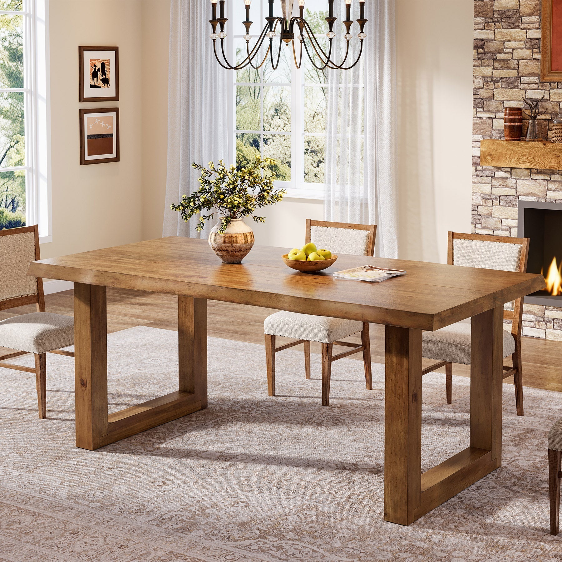 63-Inch Solid Wood Dining Table with Live Edge Top, Farmhouse Kitchen Table for 4 to 6 People