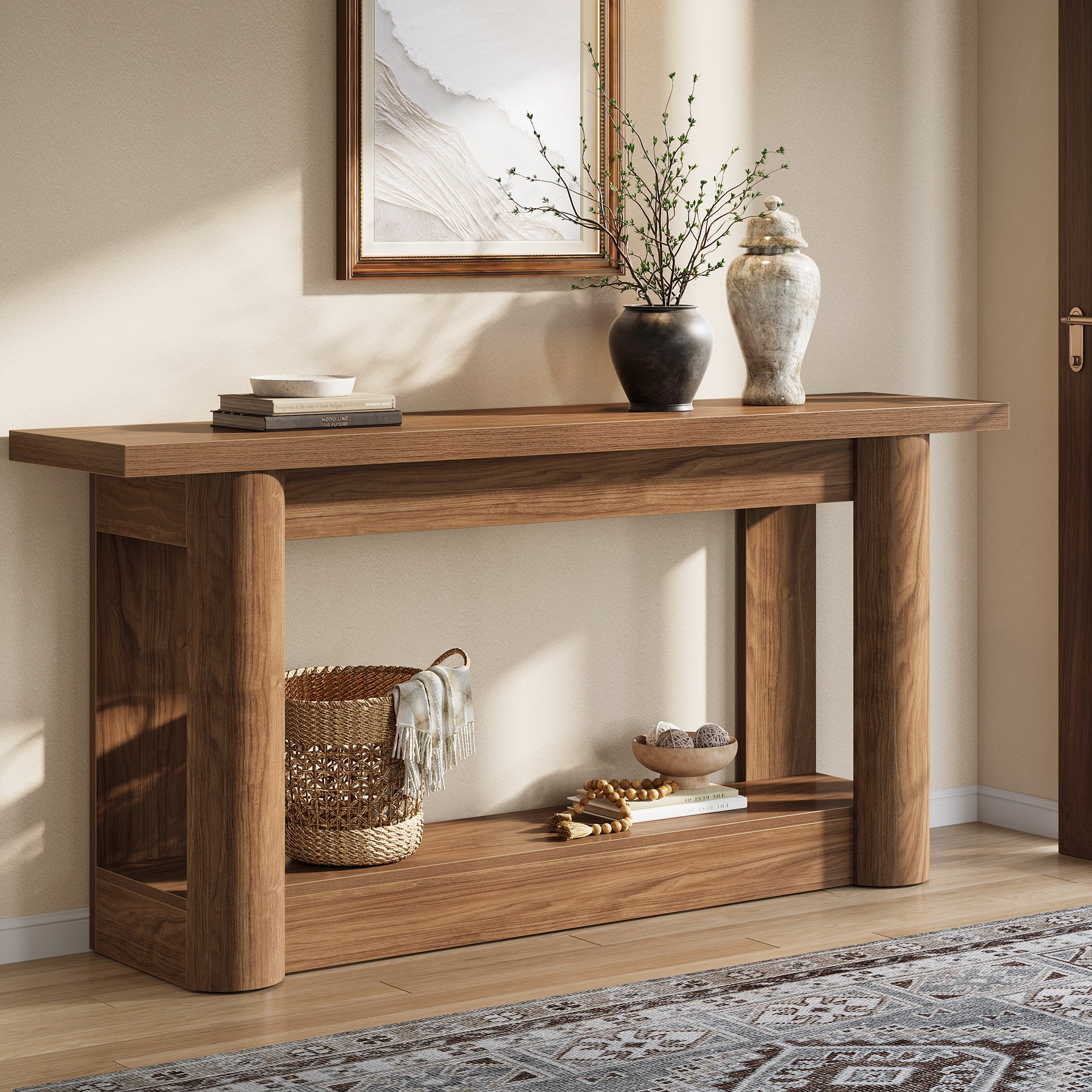 63" Farmhouse Console Table with 2-Tier Storage, Rustic Narrow Sofa Table Behind Couch