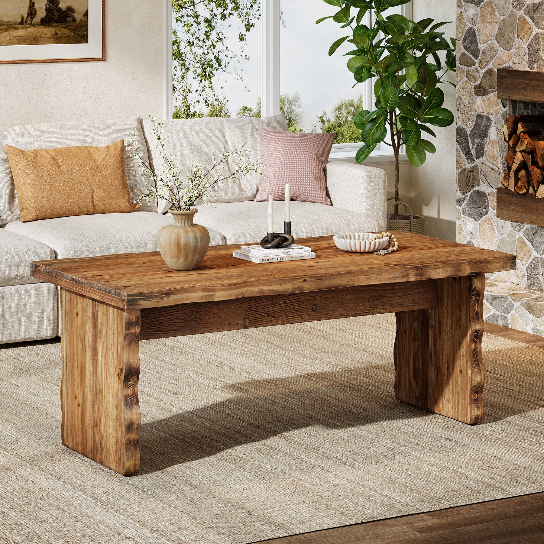47 Inch Solid Wood Coffee Table, Farmhouse Rectangular Center Table with Natural Wave Edge